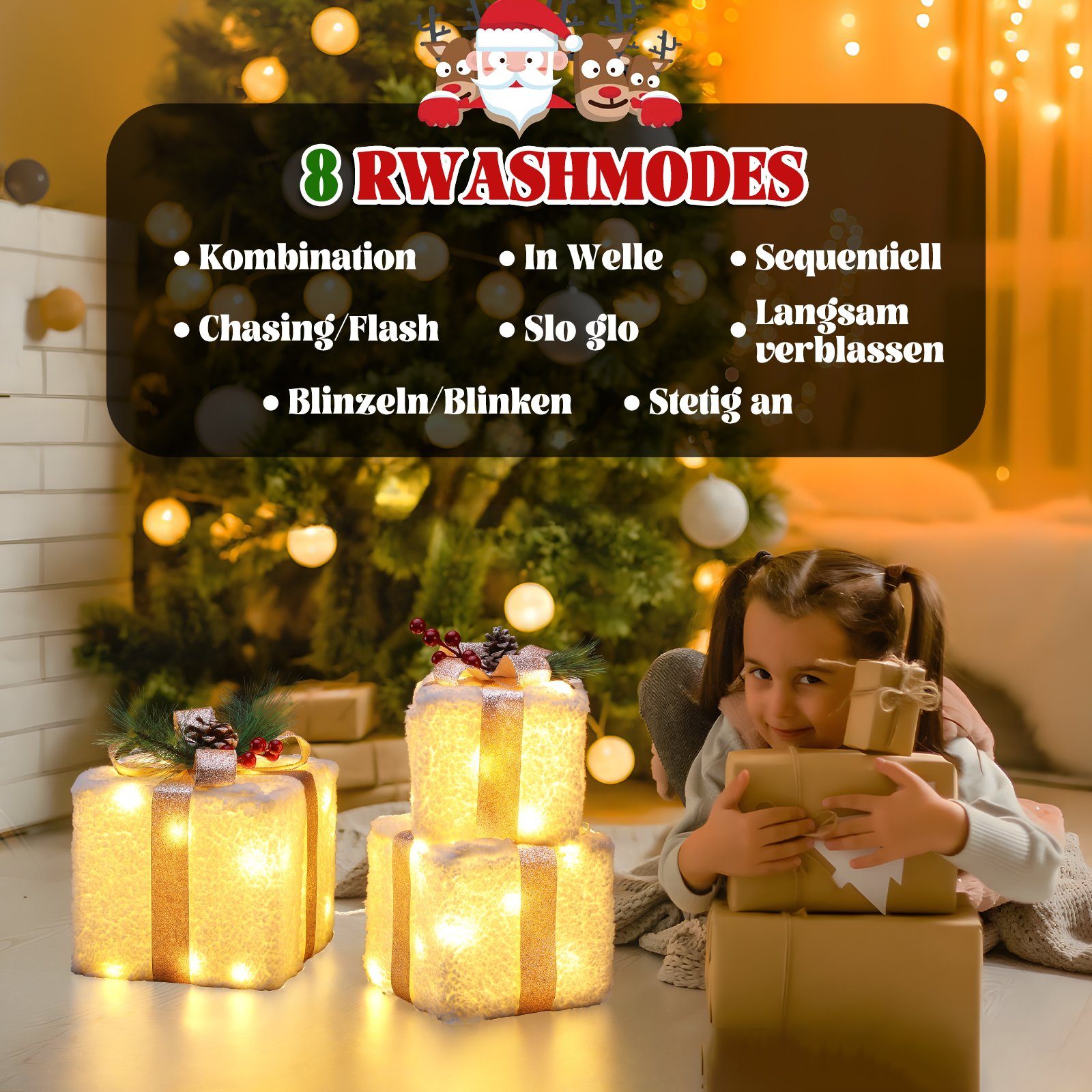 Elegear Weihnachtsfigur 3er Set LED Geschenkbox Weihnachten, Weihnachtsdeko mit Stecker, Timer (3 St), 60 warmweiße LEDs, Weihnachtsbeleuchtung für Baum, Fenster & Innen