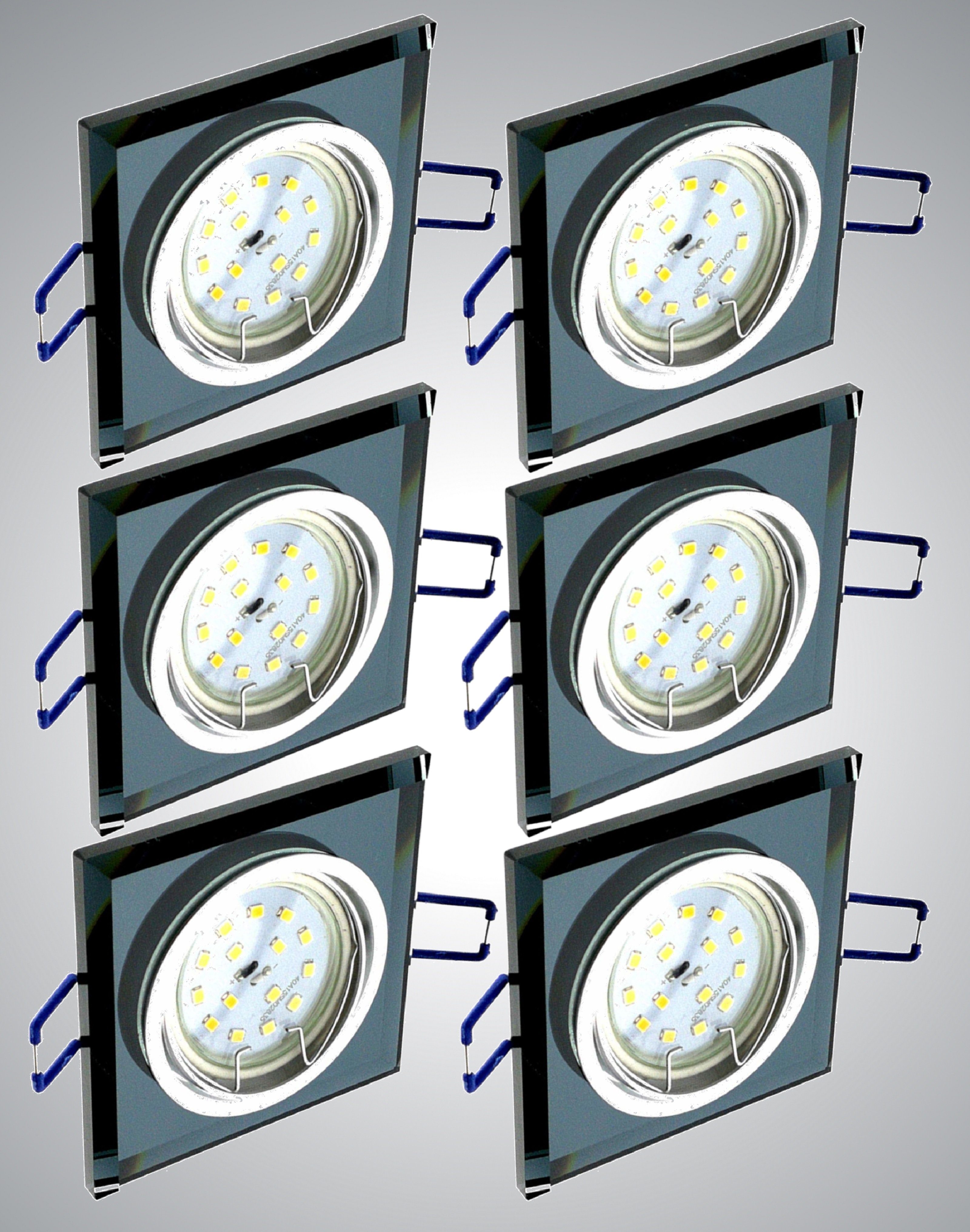 TRANGO LED Einbauleuchte, 6er Set 6736S-06GUSDAK *BLACK CRYSTAL* LED Deckenstrahler aus handgeschliffenem Schwarzglas & Alu inkl. 6x 3-Stufen dimmbar GU10 LED Leuchtmittel 3000K warmweiß, Einbauspot, Deckenleuchte