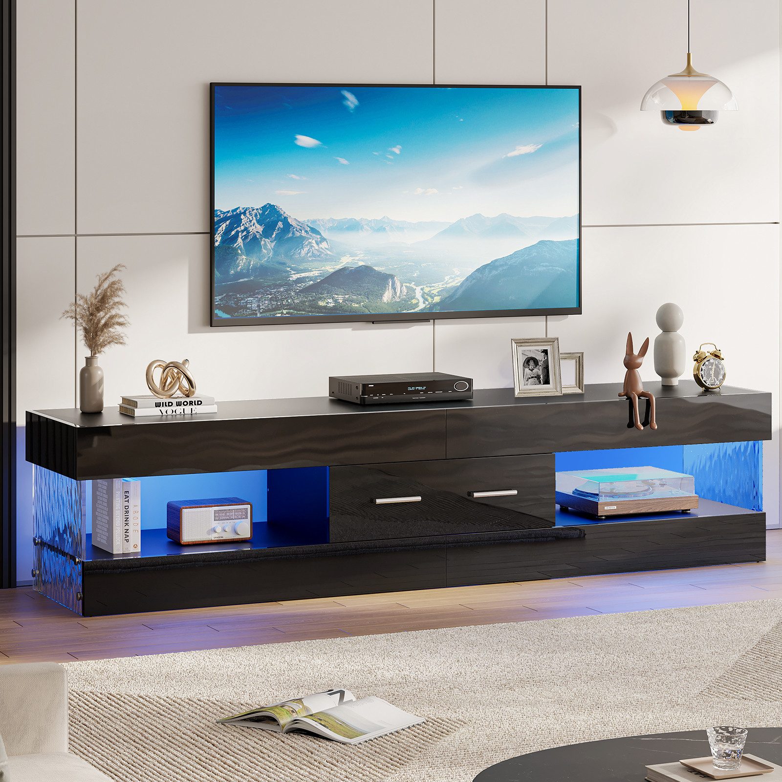 Bestier TV-Schrank Hochglänzender TV-Schrank Lowboard mit LED-Beleuchtung, 152-170cm