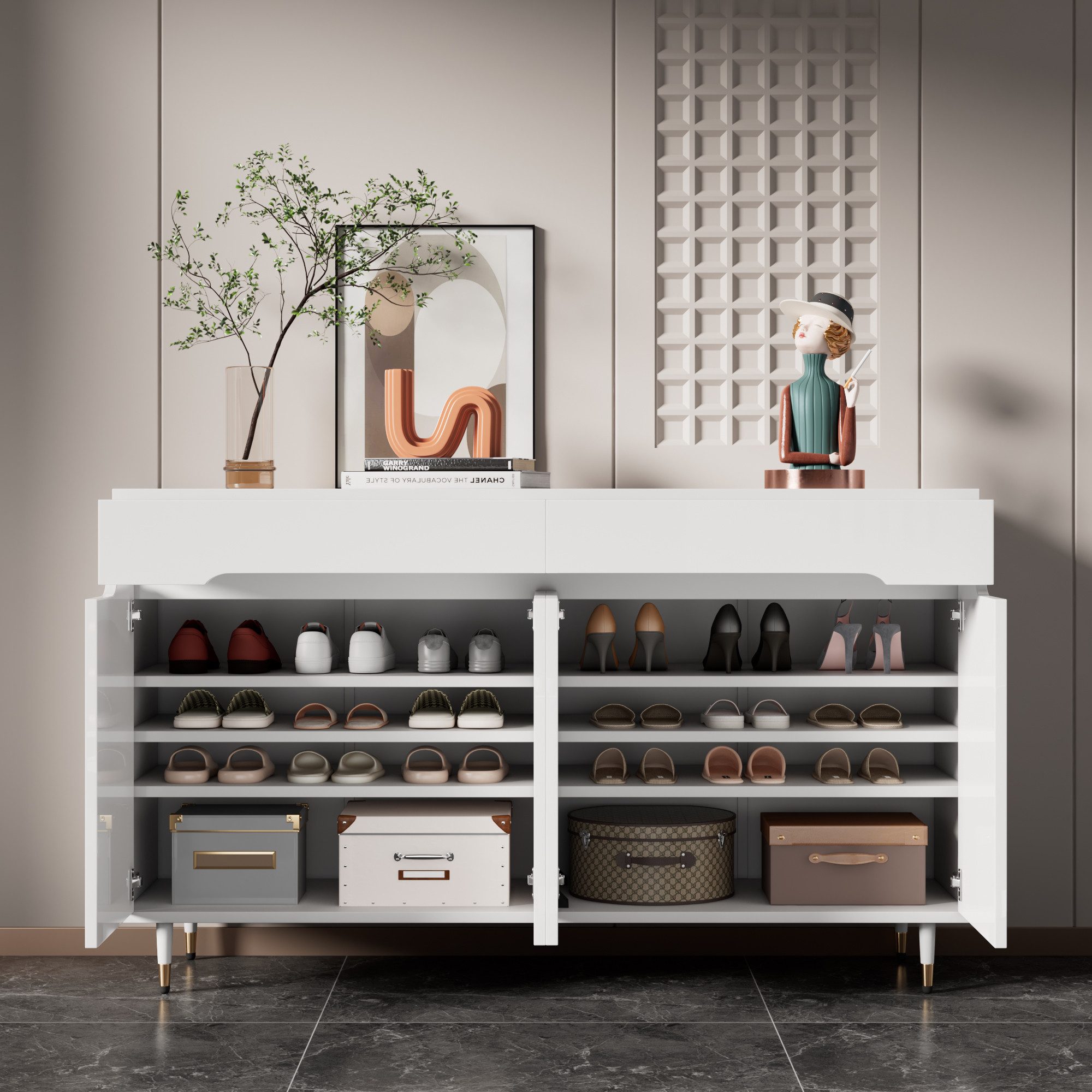 OKWISH Schuhschrank für 18–24 Paar Schuhe (Schuhregal, 1-St., mit zwei Türen, zwei Schubladen, verstellbaren Regalen) goldfarbenen Beinen