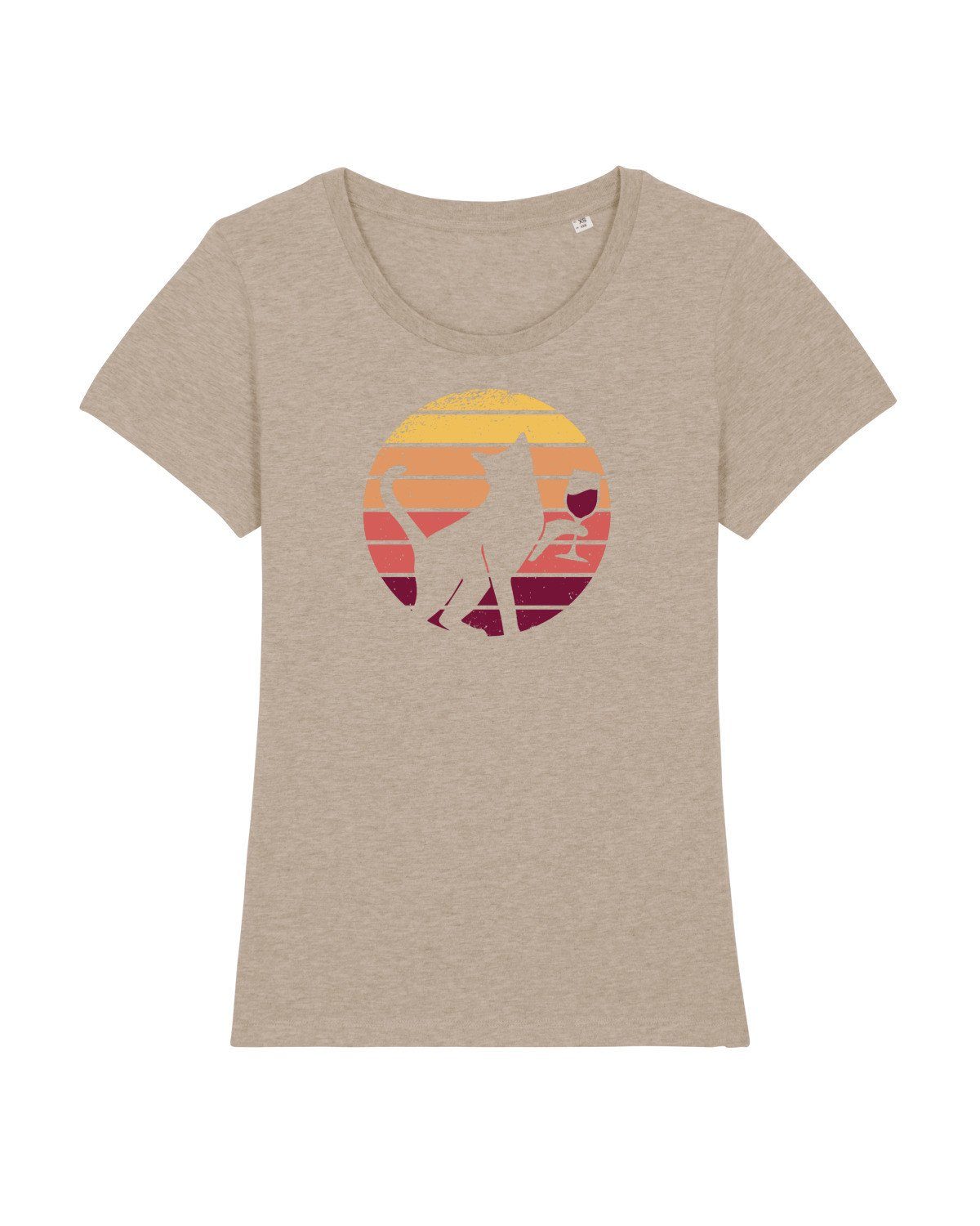 Rotwein & grau (1-tlg) Apparel Print-Shirt Katze Sunset wat? meliert