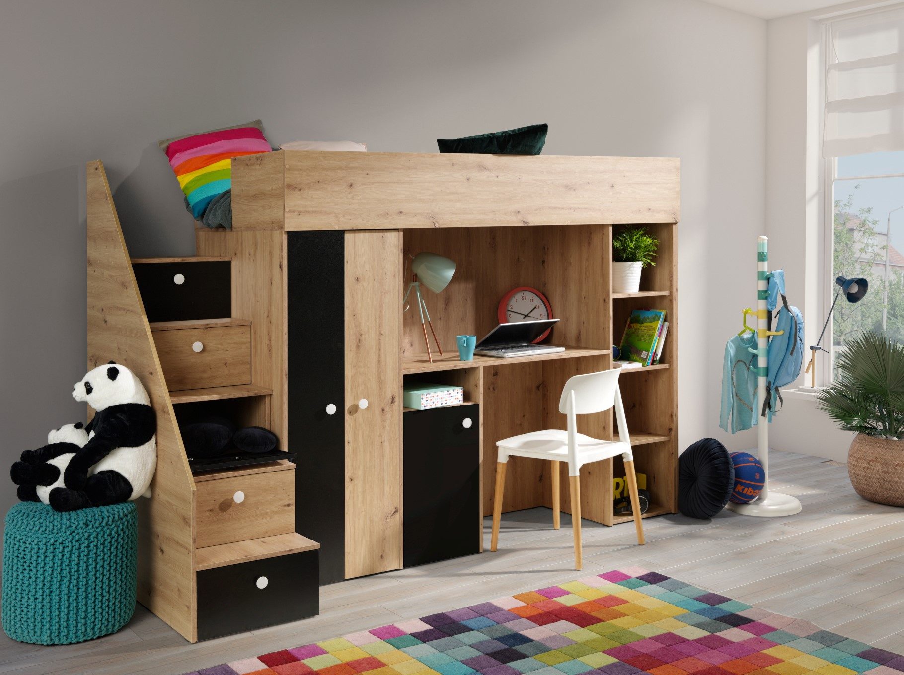 ABIKS MÖBEL Hochbett SMART 14 Etagenbett für Jugendliche mit Schreibtisch, Kleiderschrank