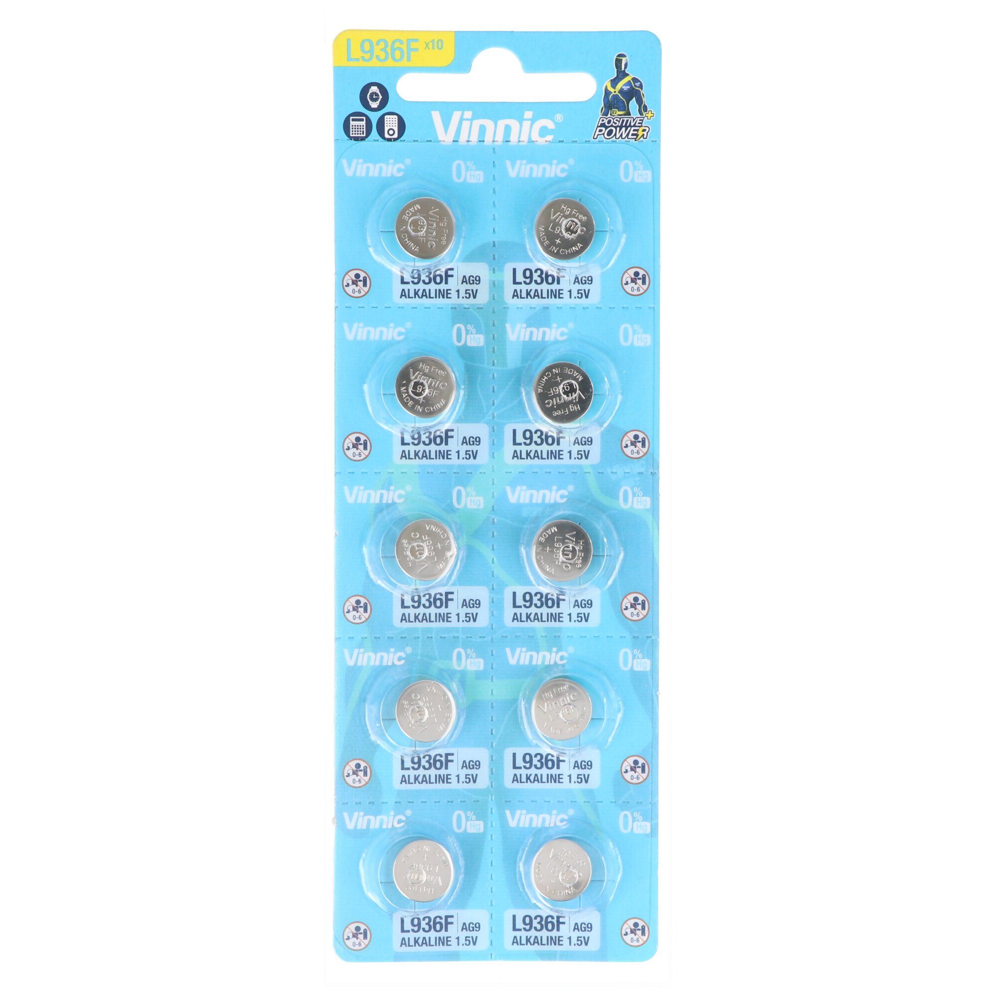 VINNIC 10 Stück Knopfzellen AG9, L936, SR936, SR45, 394, 524, RW33 Alkaline Knopfzelle, (1,5 V)
