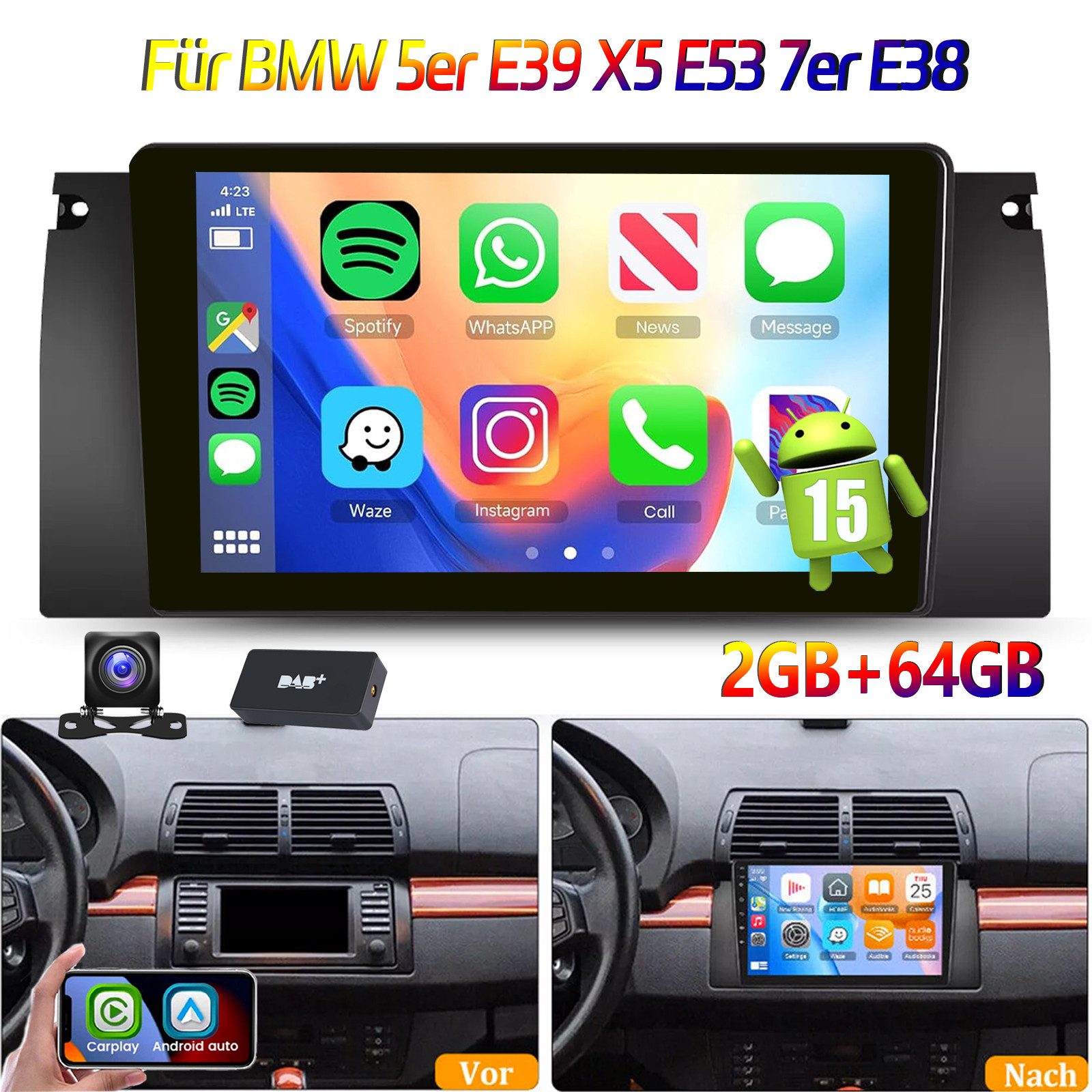 ESSGOO DAB+ Für BMW 5ER E39 X5 E53 E38 Carplay 2DIN BT GPS Android 15 Carplay Autoradio (RDS, 2DIN, 4+64GB(optional), FM, DAB+ (optional), SWC, Carplay Android Auto Bluetooth EQ USB GPS Navi WIFI Touchscreen)