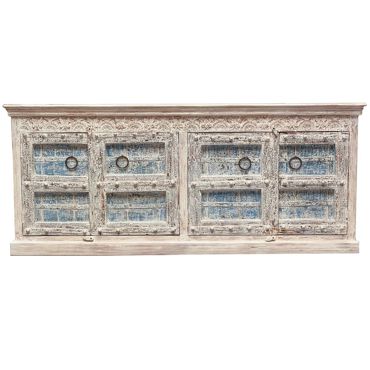 Oriental Galerie Unterschrank Weiß Blauwash Sideboard Tejas Indien 222 cm Handarbeit