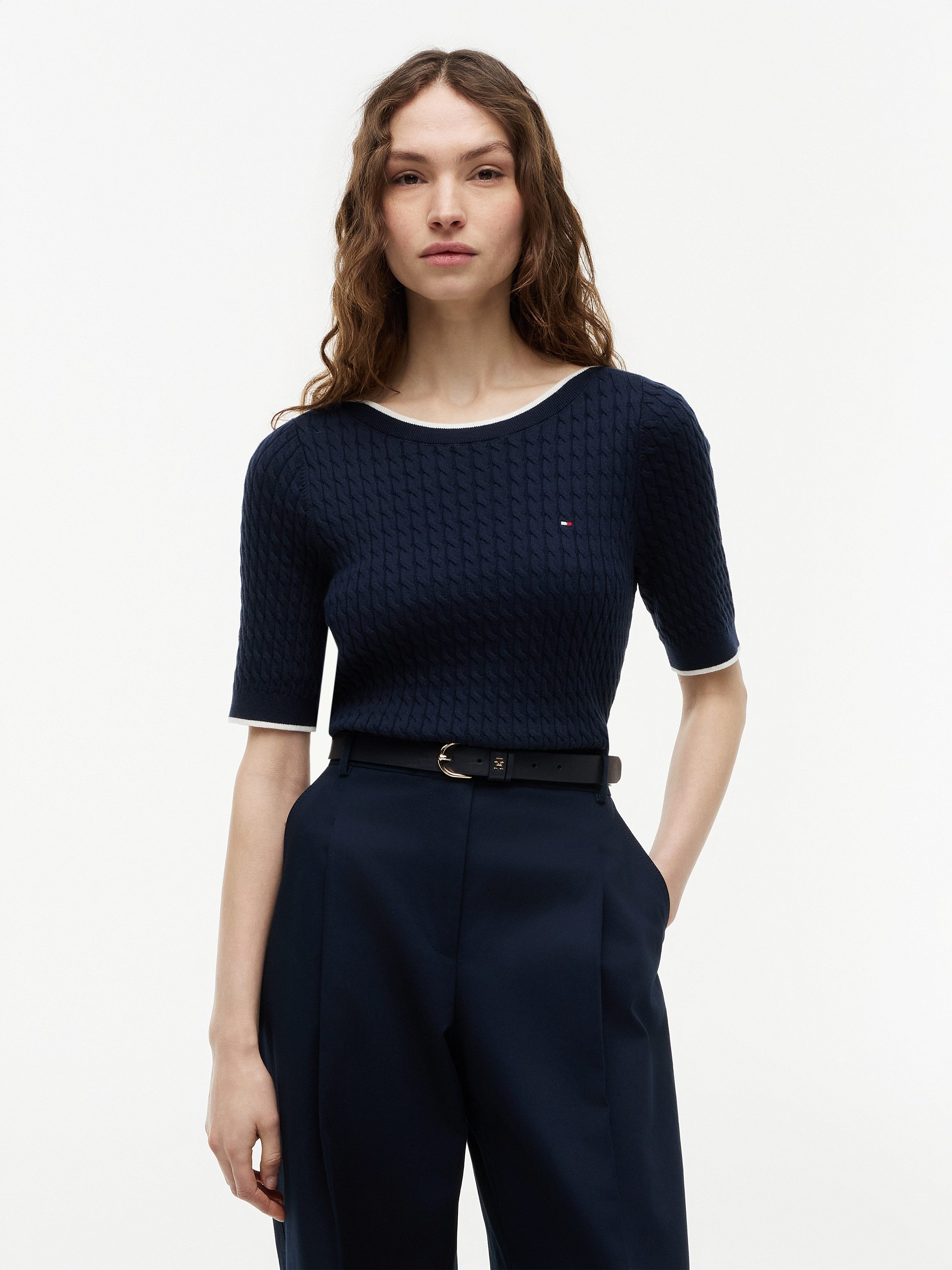 Kurzarmpullover FINE GG CABLE BOAT NK S/S