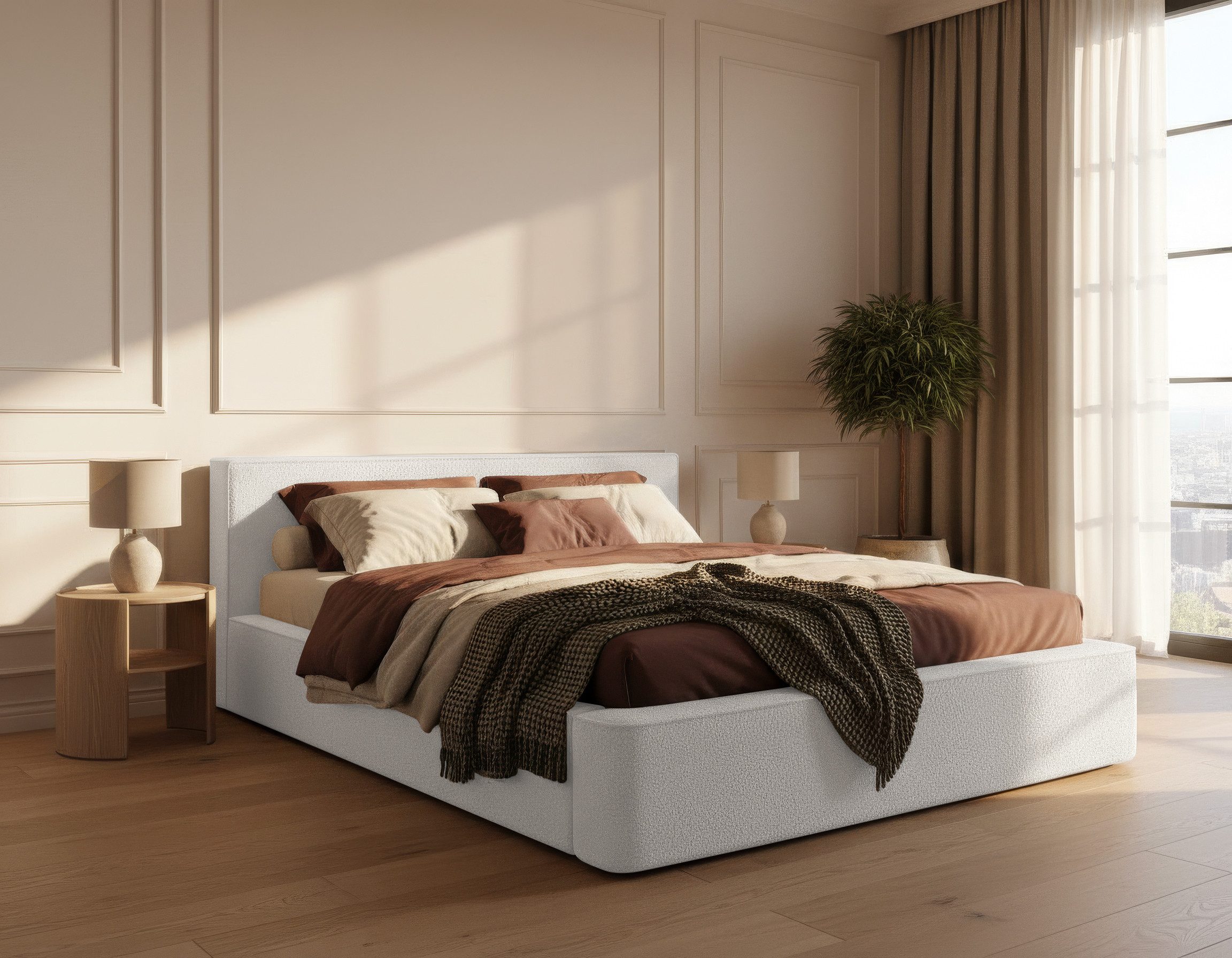 thematys Polsterbett mit Bettkasten, CLOUD 140x200 160x200 180x200 200x200cm (Kopfteil im Modernen-Look – weich, modern und pflegeleicht), hochwertiger Bouclé-Stoff in Ash, Weiß, Beige und Kreme, Inklusive Lattenrost: Holzrahmen,hochwertiger Stoff), hydraulische Klappfunktion für Stauraum