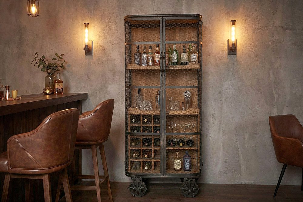 riess-ambiente Barschrank LOFT 150cm natur - Pinienholz, Metall, Weinregal inkl. Fächern (Einzelartikel, 1-St) Möbelstück mit Stauraum & Rollen – ideal für Dein Industrial Design