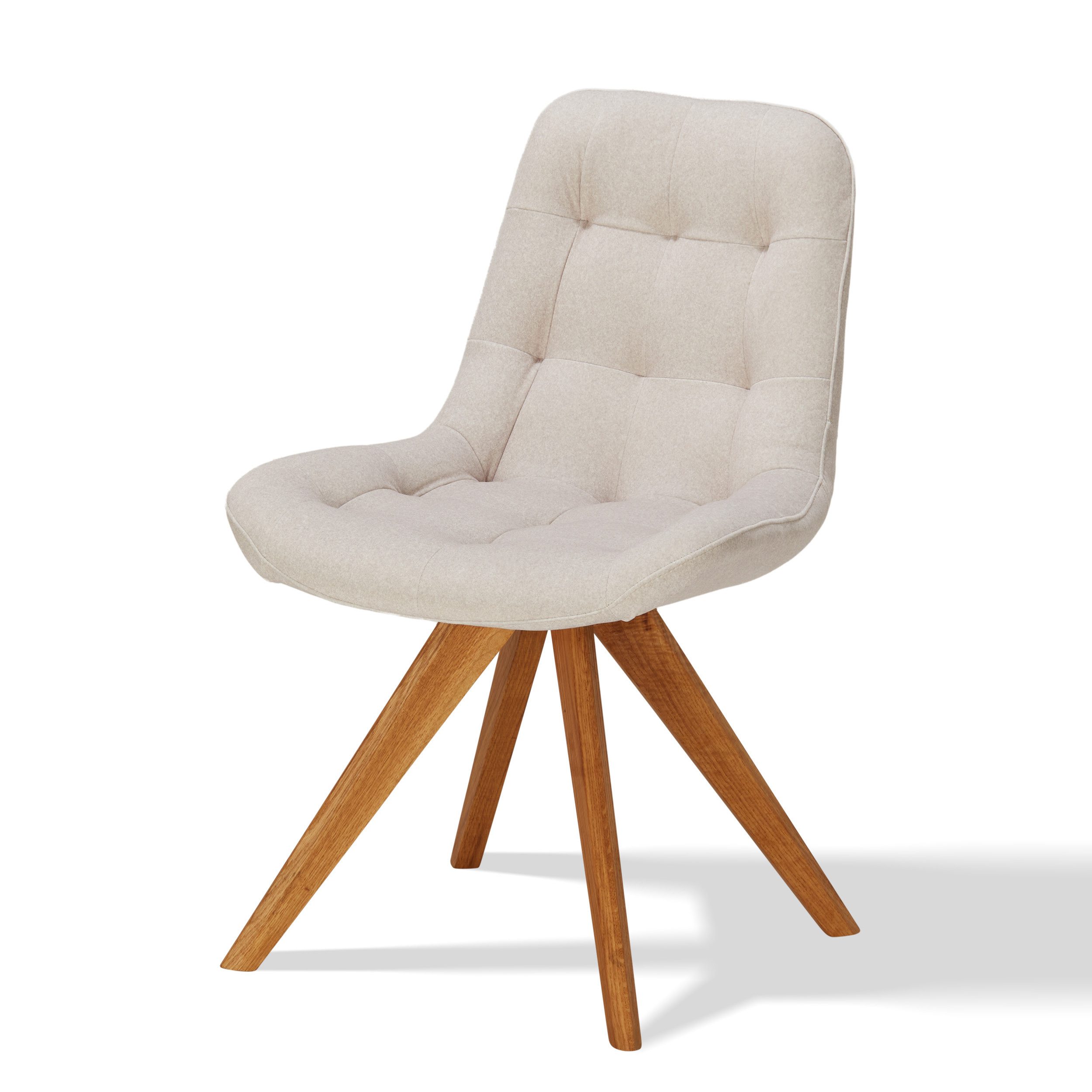 KHG Esszimmerstuhl Küchenstuhl Velours Creme mit Steppung, Skandi Look (Indoor-Stuhl DIN EN 12520 geprüft), Stativgestell Eiche Massivholz, bis 120 kg belastbar
