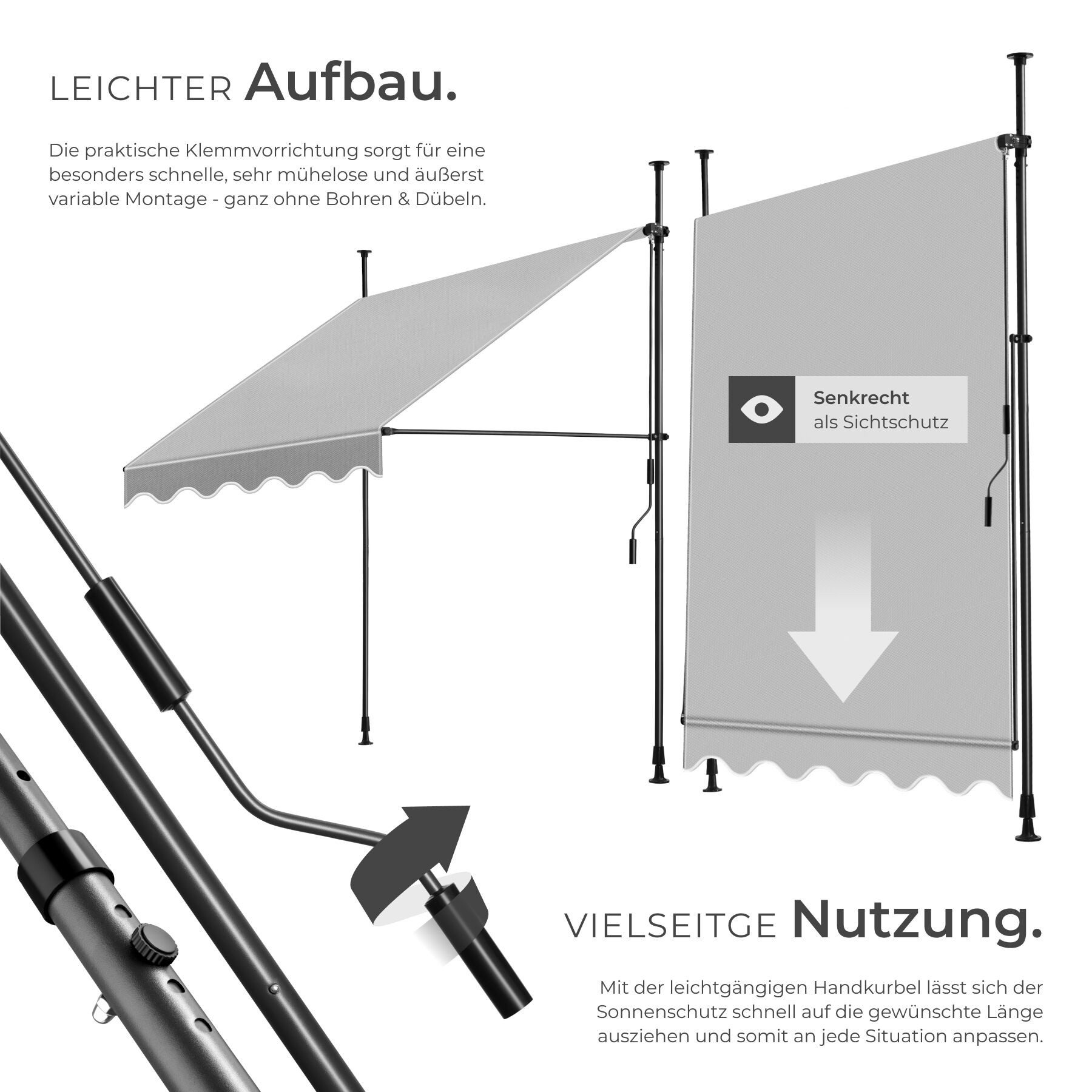 tectake Klemm-Senkrechtmarkise Klemmmarkise - Balkonmarkise mit Handkurbel, UV-beständig (Sichtschutz/Sonnenschutz für Terrasse und Garten, in hellgrau) 180 x 150 x 304 cm, höhenverstellbar 211 - 304 cm, wasserabweisend