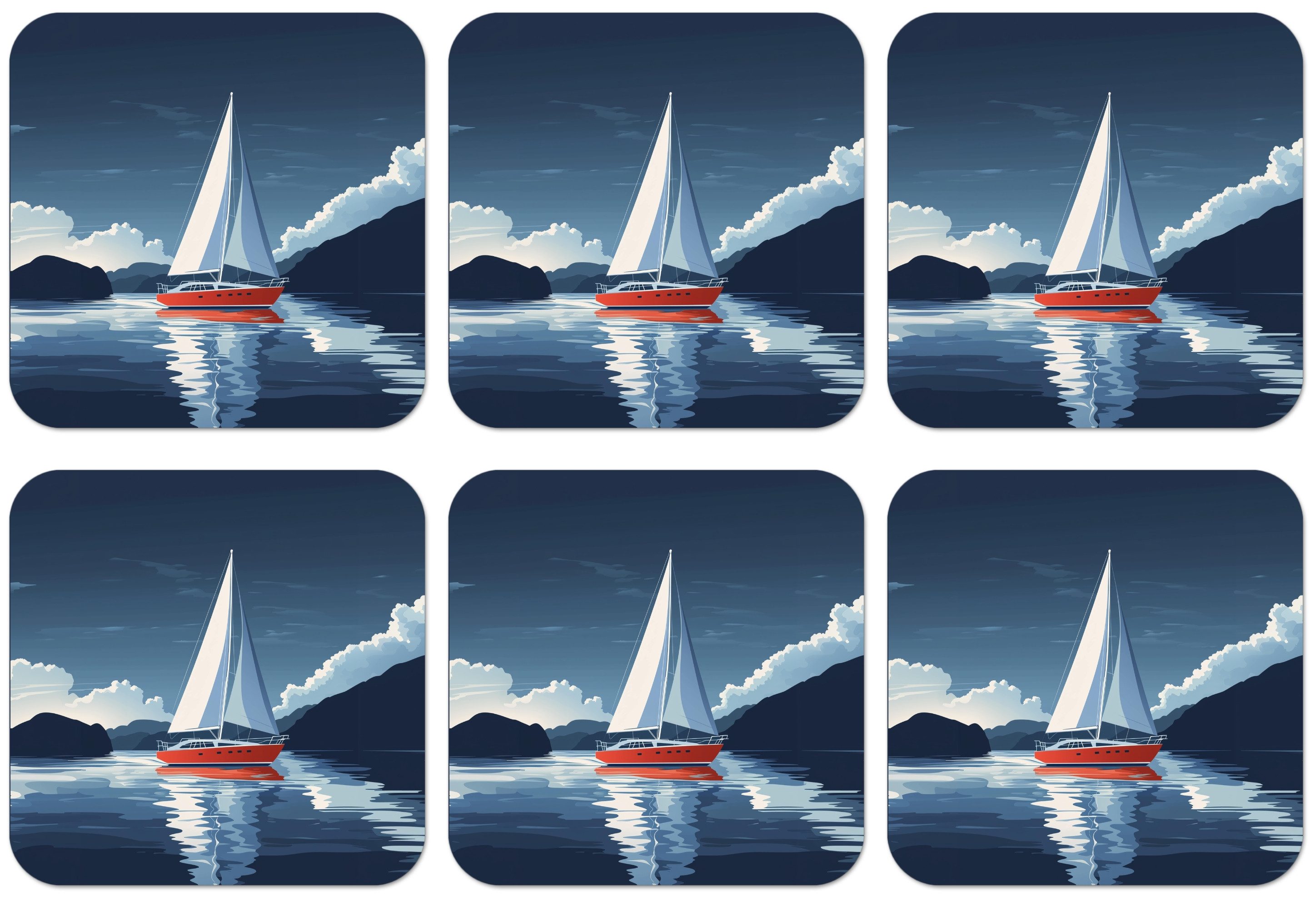 MuchoWow Glasuntersetzer Segelboot - Dunkle Berge - Stille, Zubehör für Gläser, 6-tlg., Tassenuntersetzer Kork, Quadrat, Untersetzer Set Gläser, 10x10 cm