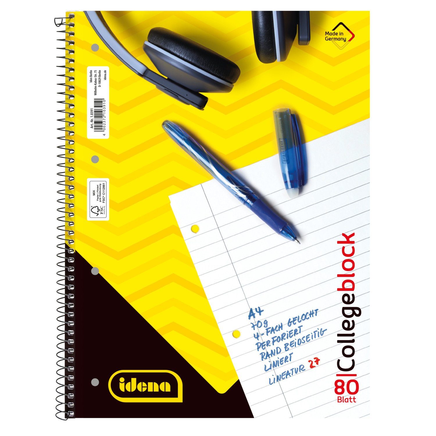 Idena Collegeblock Idena 10391 - Collegeblock, DIN A4, 80 Blatt, 70 g/m², liniert, geloch