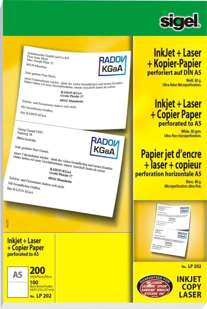 Sigel Kopierpapier Ink/Laser/Kopier-Papier A5 (A4) 80g/qm 100 Blatt perforiert auf DIN A5