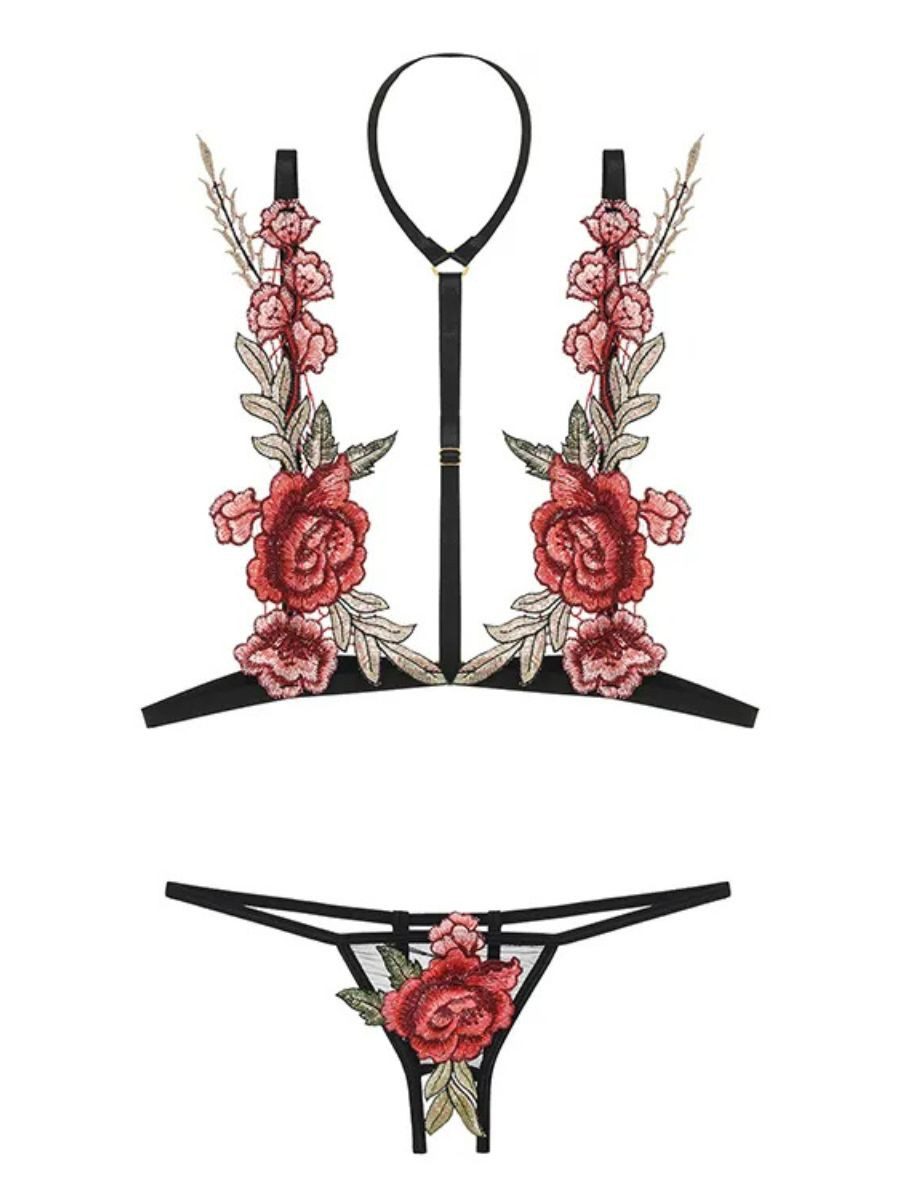 Set: Neckholder-BH Harness-BH, Blumenstickerei BH-Set, sexy Dessous-Set, Damenunterwäsche
