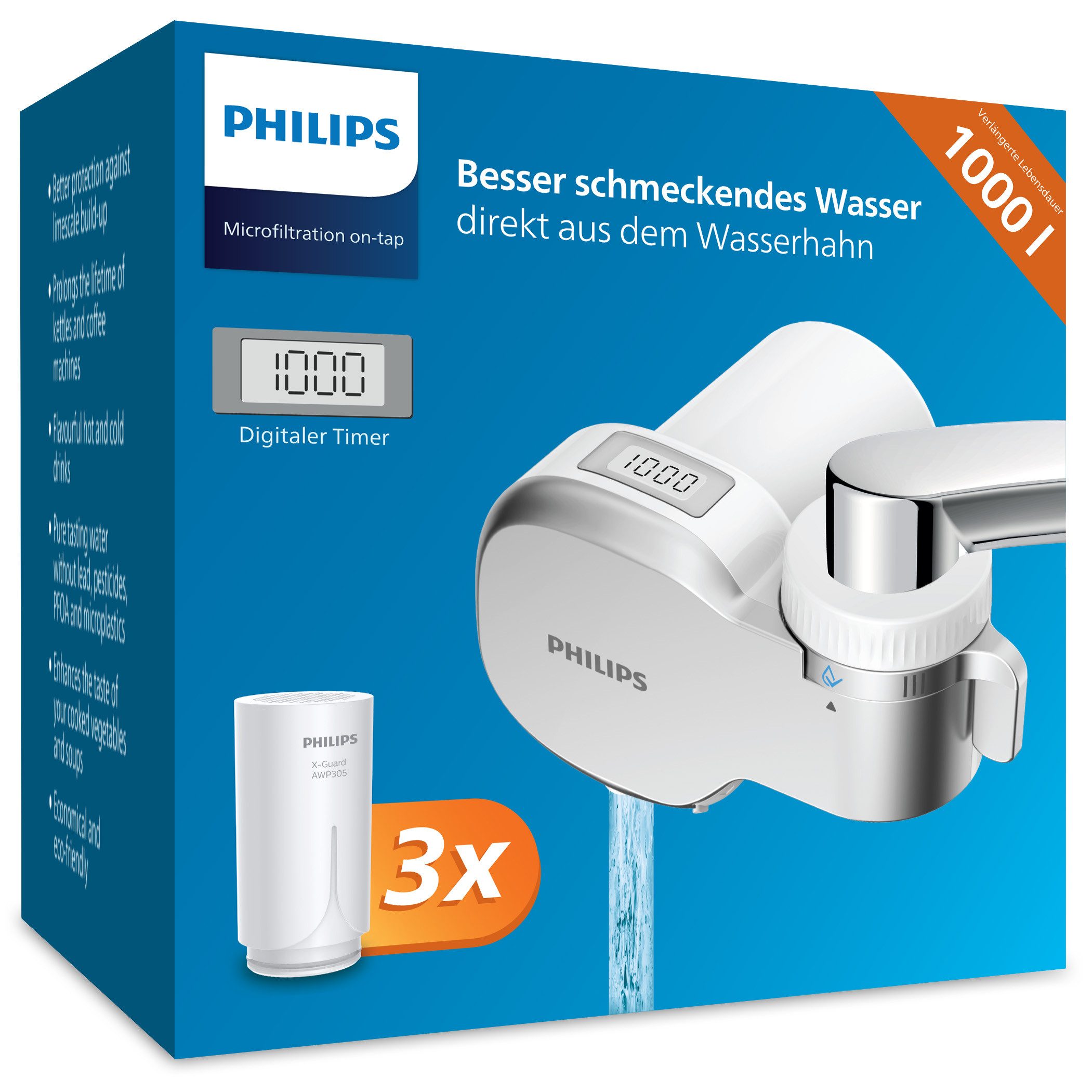 Philips Wasserhahnfilter Philips Ontap Wasserhahn-Filter mit Display inkl. 3 Ersatzfilter, Zubehör für X-Guard AWP305 & X-Guard Ultra AWP315, Verbessert den Wassergeschmack, reduziert Verunreinigungen & Sedimente