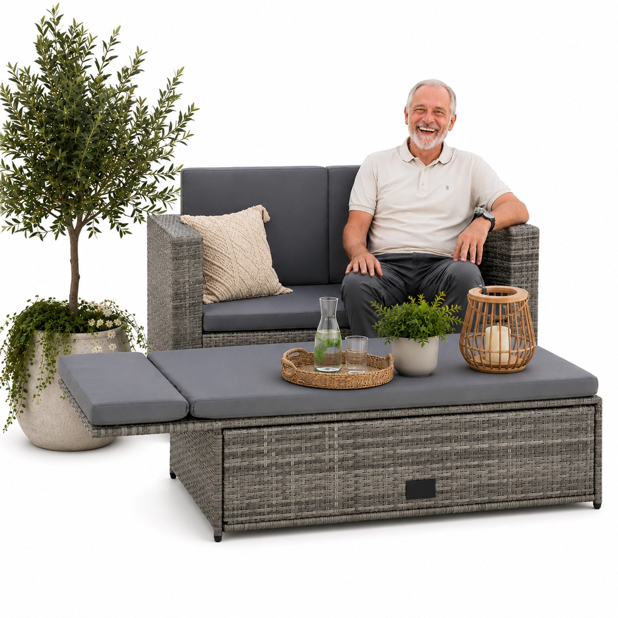 Mucola Gartenlounge-Set Polyrattan Gartensofa Lounge Sofa Gartenmöbel Gartensofa Sitzgarnitur, (Set, 2-tlg., Sofa & Ottomane), Kissen inkl. Reißverschluss, daher abnehm- und waschbar