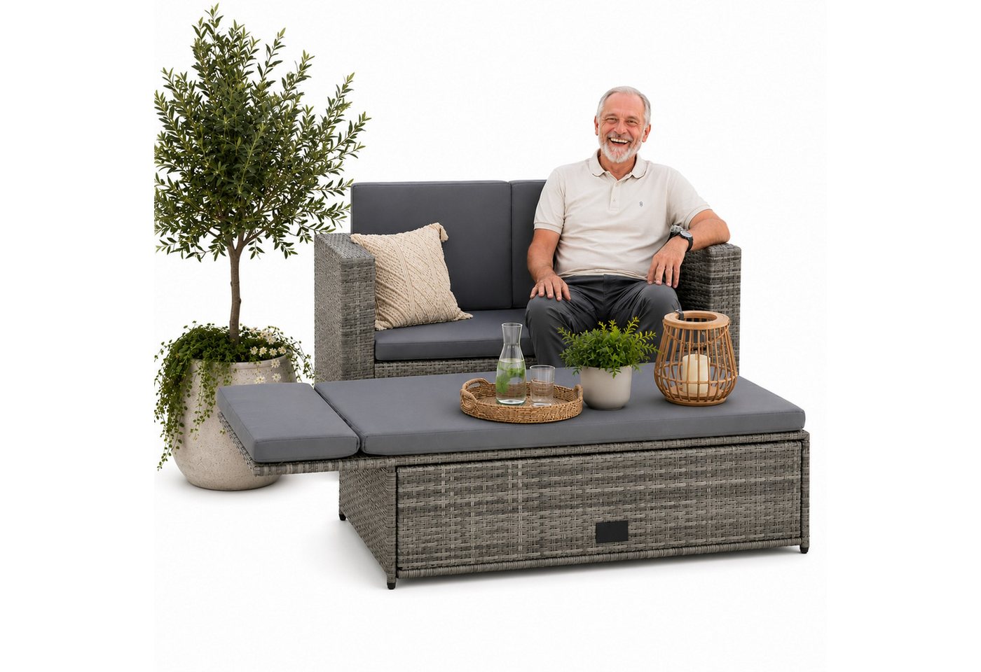 Mucola Gartenlounge-Set Polyrattan Gartensofa Lounge Sofa Gartenmöbel Gartensofa Sitzgarnitur, (Set, 2-tlg., Sofa & Ottomane), Kissen inkl. Reißverschluss, daher abnehm- und waschbar