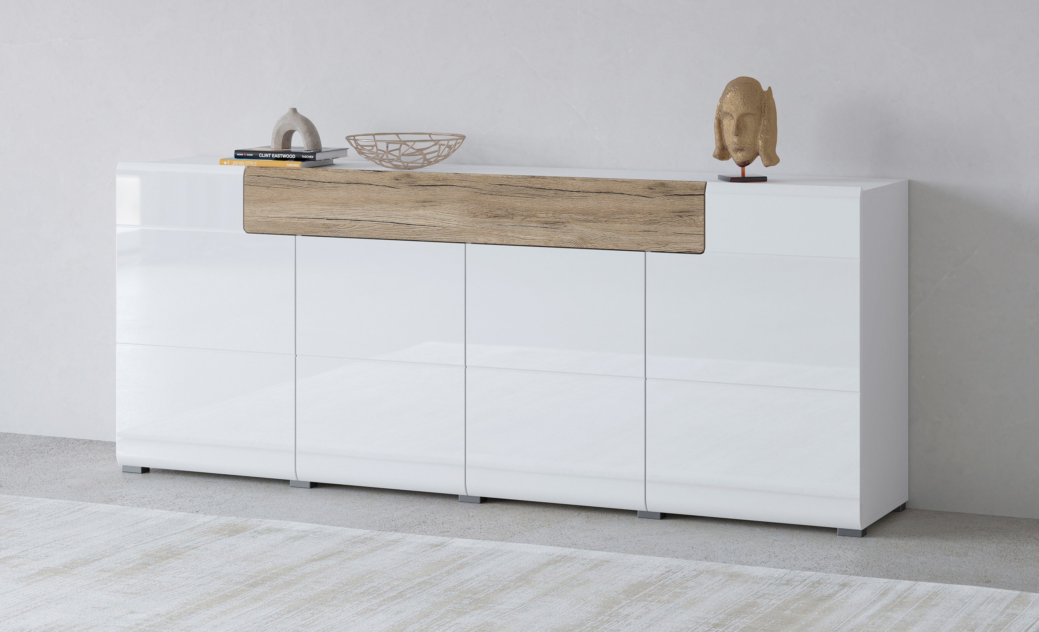 INOSIGN Sideboard Toledo,Breite 208cm,moderne Kommode mit dekorative Fräsungen,grifflos, Kombikommode mit viel Stauraum, Einlegeböden verstellbar