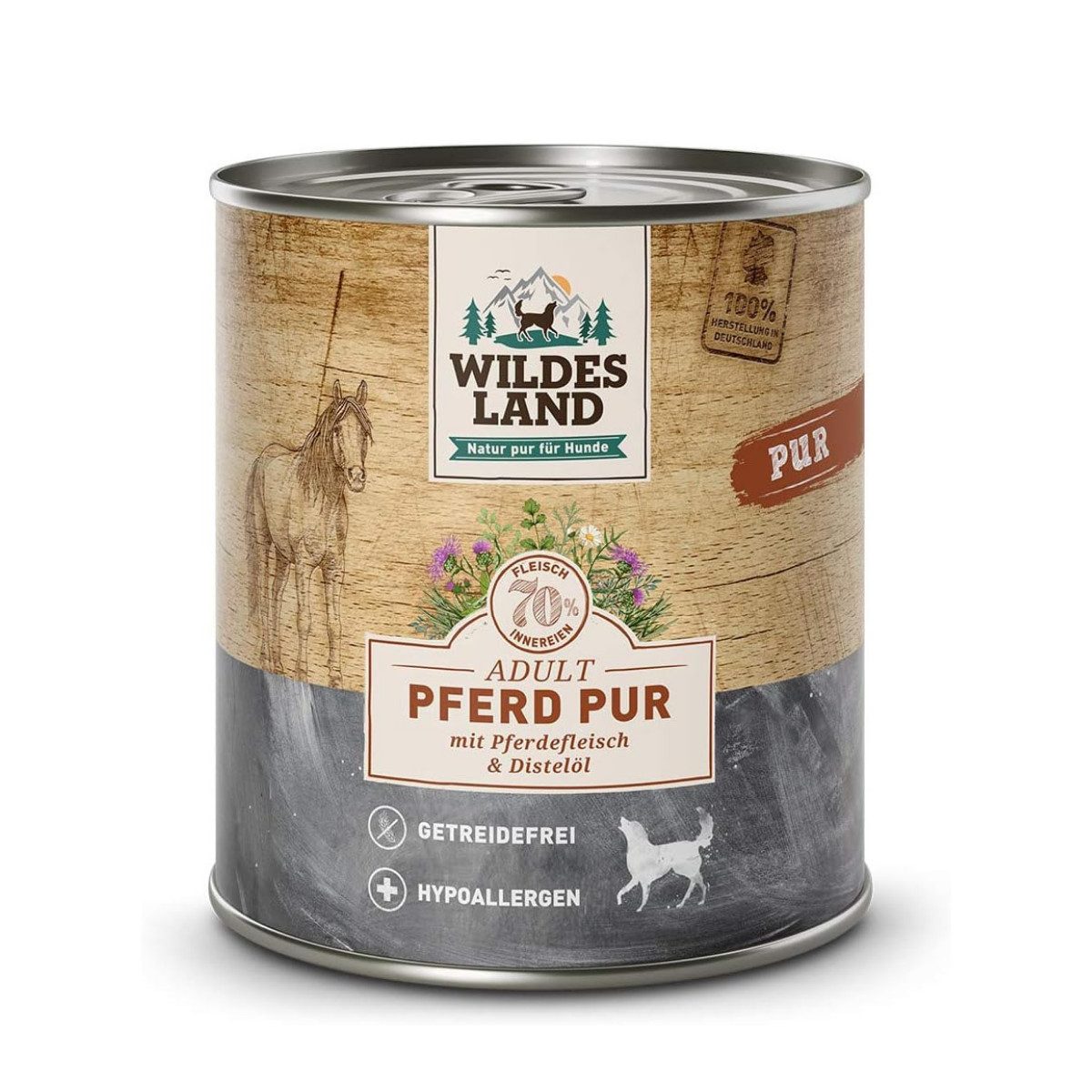 Wildes Land Pferd Pur mit Distelöl - hypoallergenes und getreidefreies Nassfutter 12x800g, Nassfutter für: Hunde
