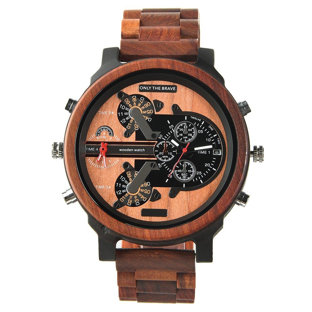 GelldG Quarzuhr Männer Uhren aus Holz Duale Zeitzone großes Zifferblatt Quarzuhren rotessandelholz