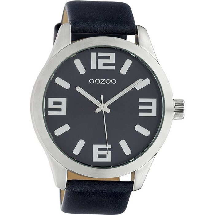 OOZOO Quarzuhr Oozoo Damen Armbanduhr dunkelblau (Armbanduhr) Damen Herrenuhr rund extra groß (ca. 46mm) Lederarmband Casual-Style