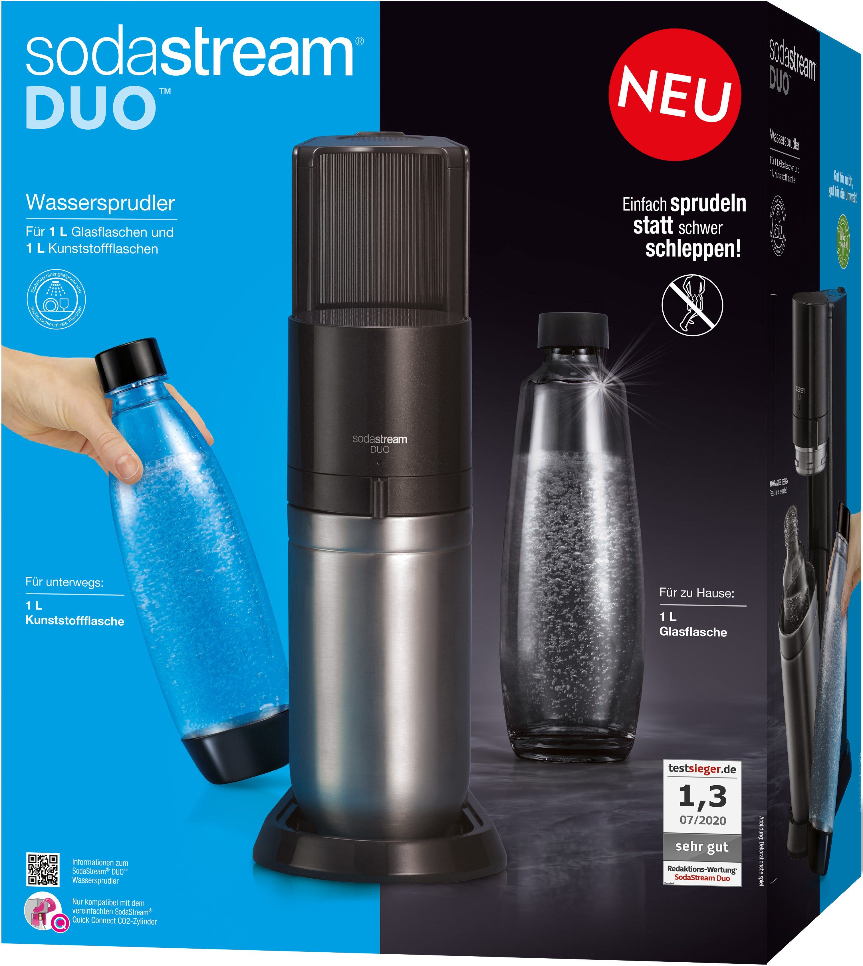 DUO, spülmaschinenfeste 1L CO2-Zylinder, Kunststoff-Flasche 4-tlg), SodaStream Wassersprudler 1L Glasflasche, schwarz (Set,