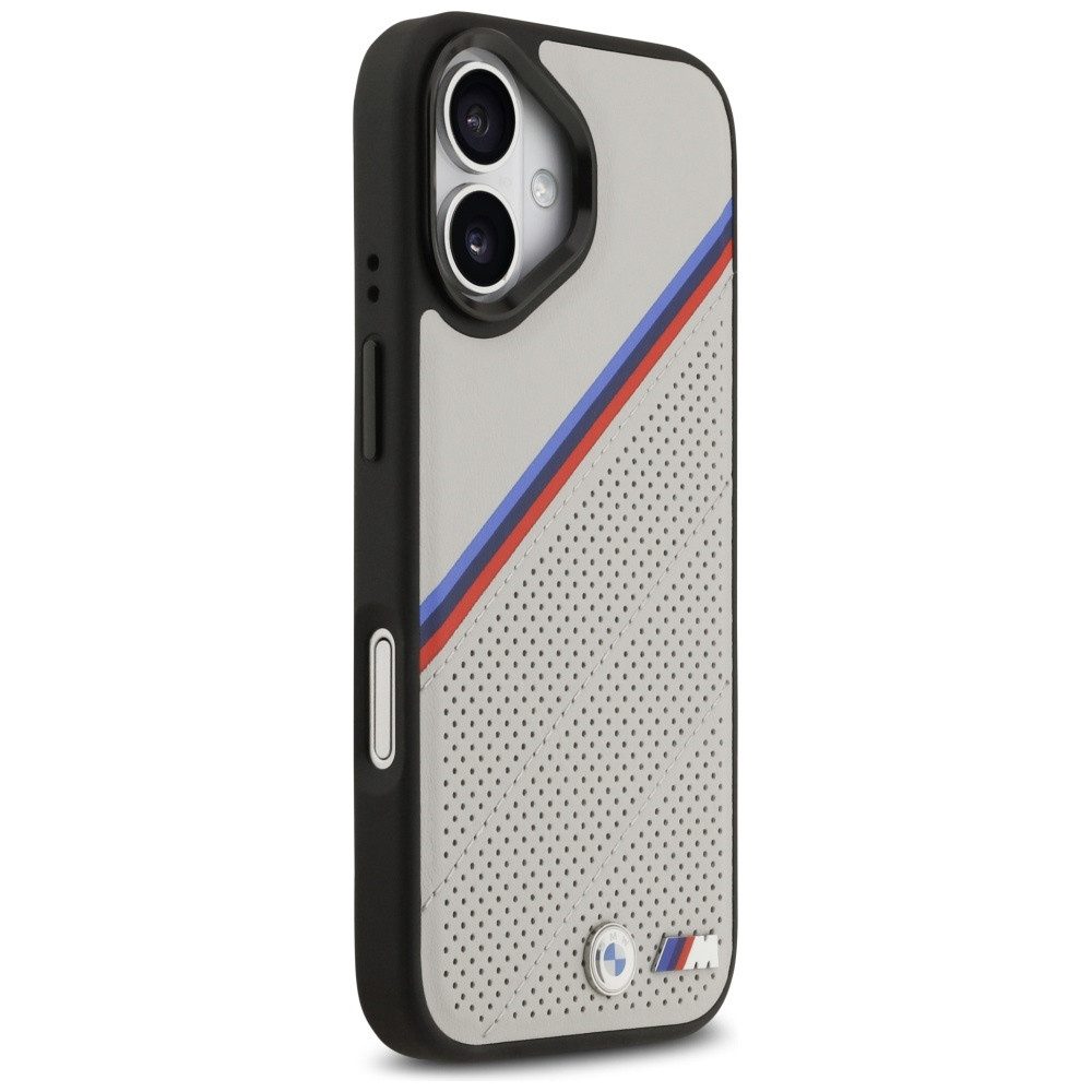 BMW Handyhülle Case iPhone 17 MagSafe Kunstleder grau Tricolor Logo Metall 6,3 Zoll, Kantenschutz