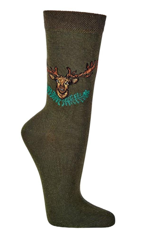 FussFreunde Freizeitsocken 3 Paar Jagd Socken Jägersocken mit Hirschmotiv und Anti-Loch-Garantie