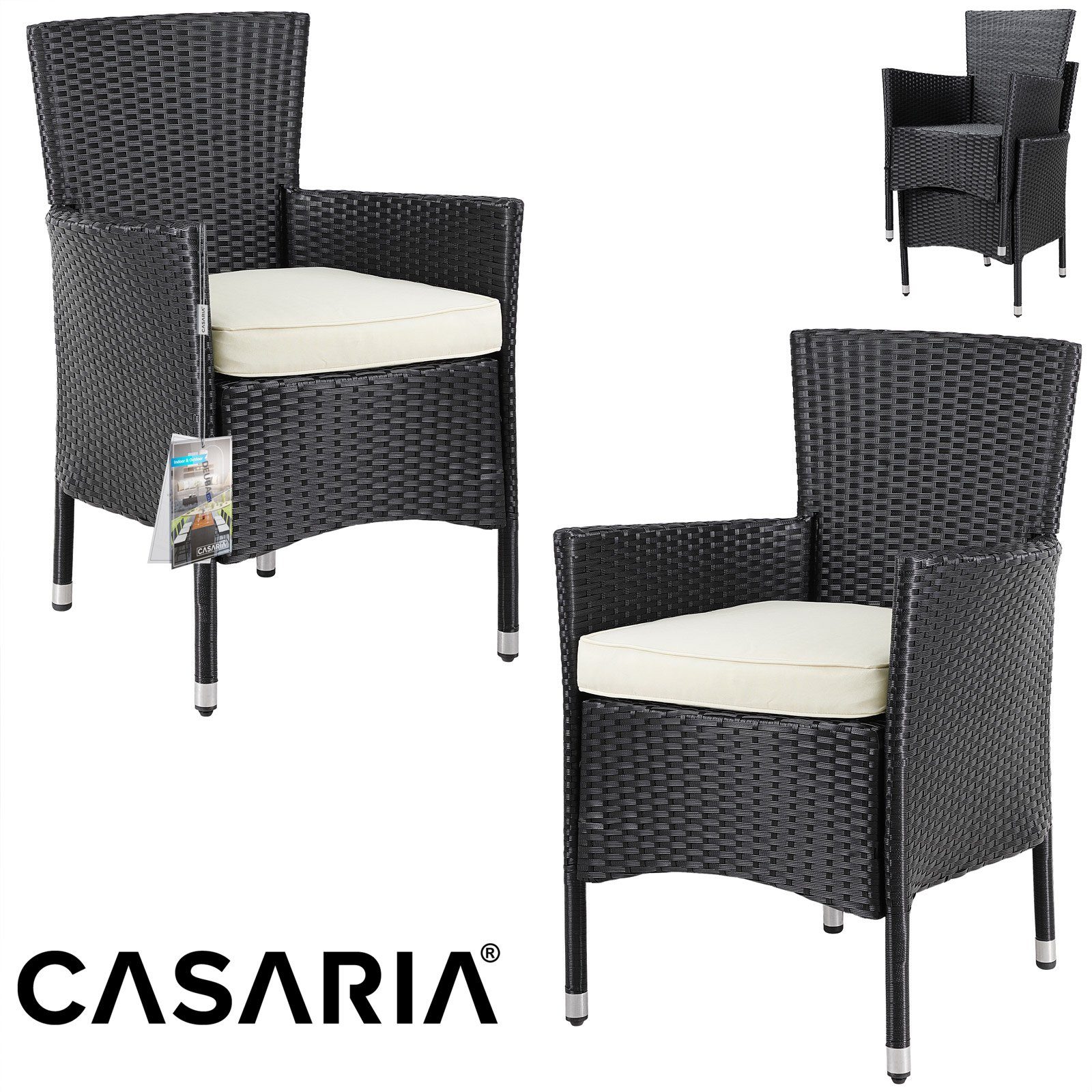 Gartenstühle (17-tlg), Auflagen Schwarz Polyrattan 7cm Esstisch Casaria Sitzgruppe, 15cm Eckbank Kissen WPC
