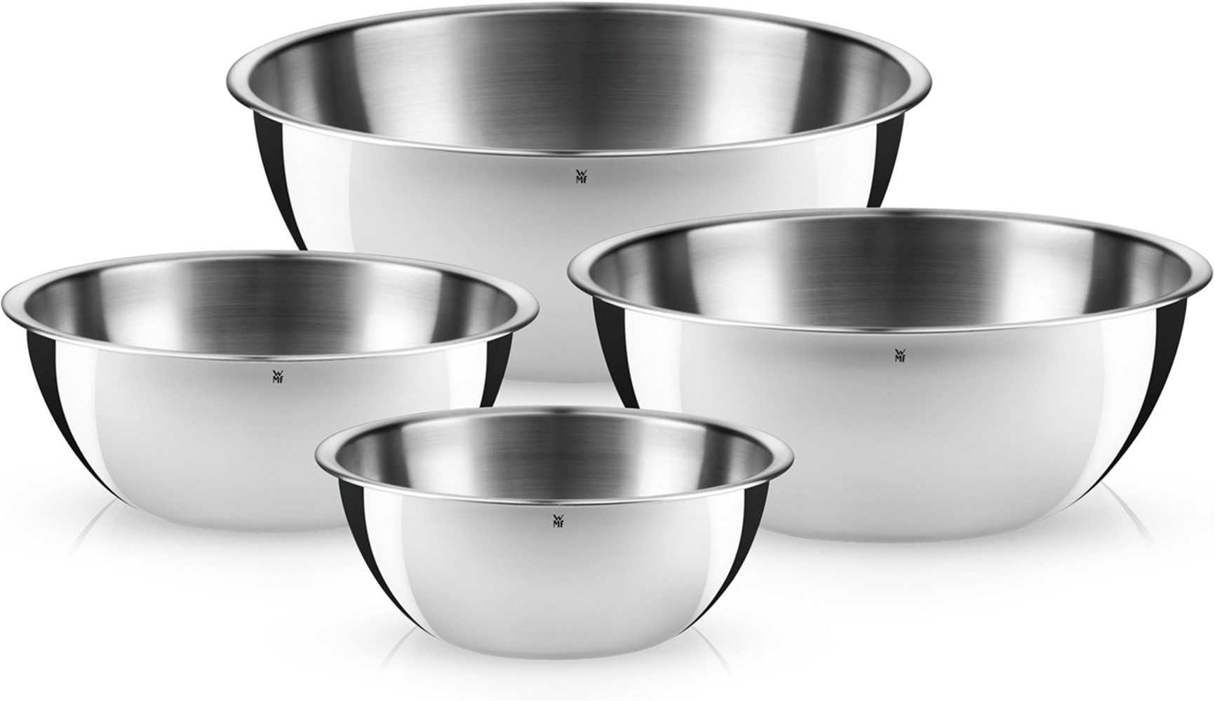 WMF Schüssel Set Gourmet (16/18/22/24 cm), 360° Schüttrand, tropffreies Ausgießen, Edelstahl, (Set, 4-tlg), vielseitig, stapelbar, platzsparende Aufbewahrung