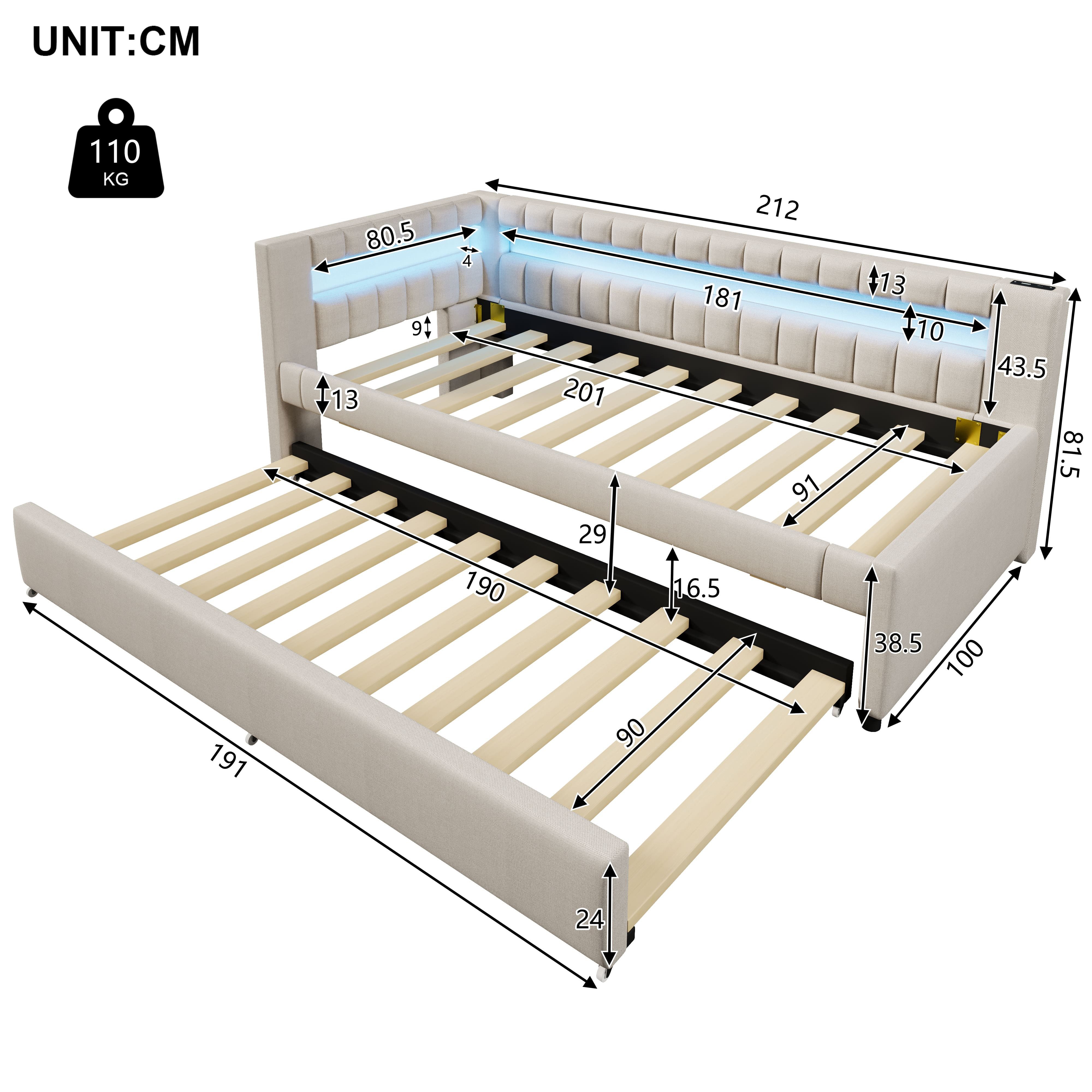 Ulife Daybett Daybett 90x200cm mit LED, USB-C & Ausziehbett (Leinen)