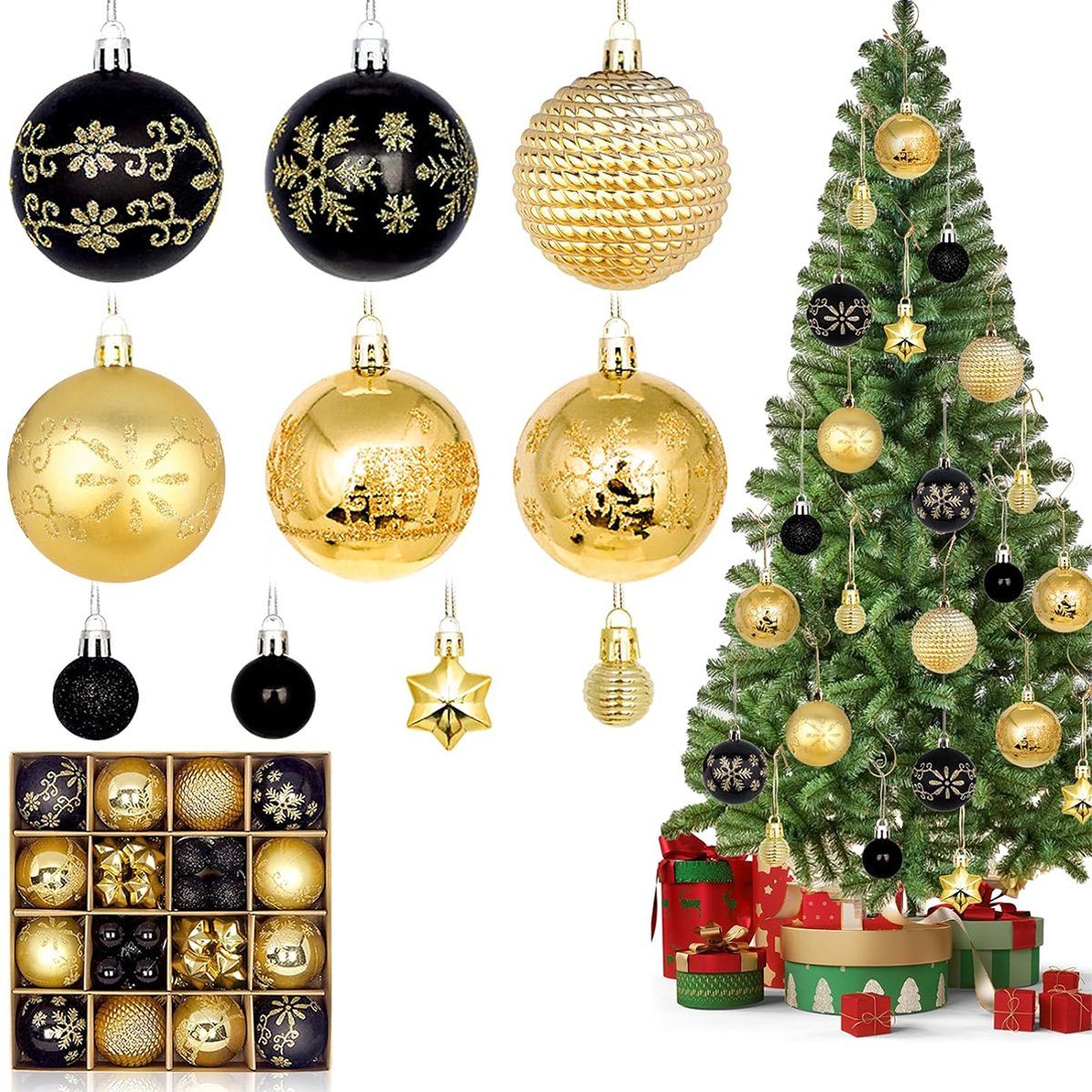 DOPWii Christbaumschmuck 44 Stück Weihnachtskugeln,Weihnachtsdekoration,Schwarz & Gold