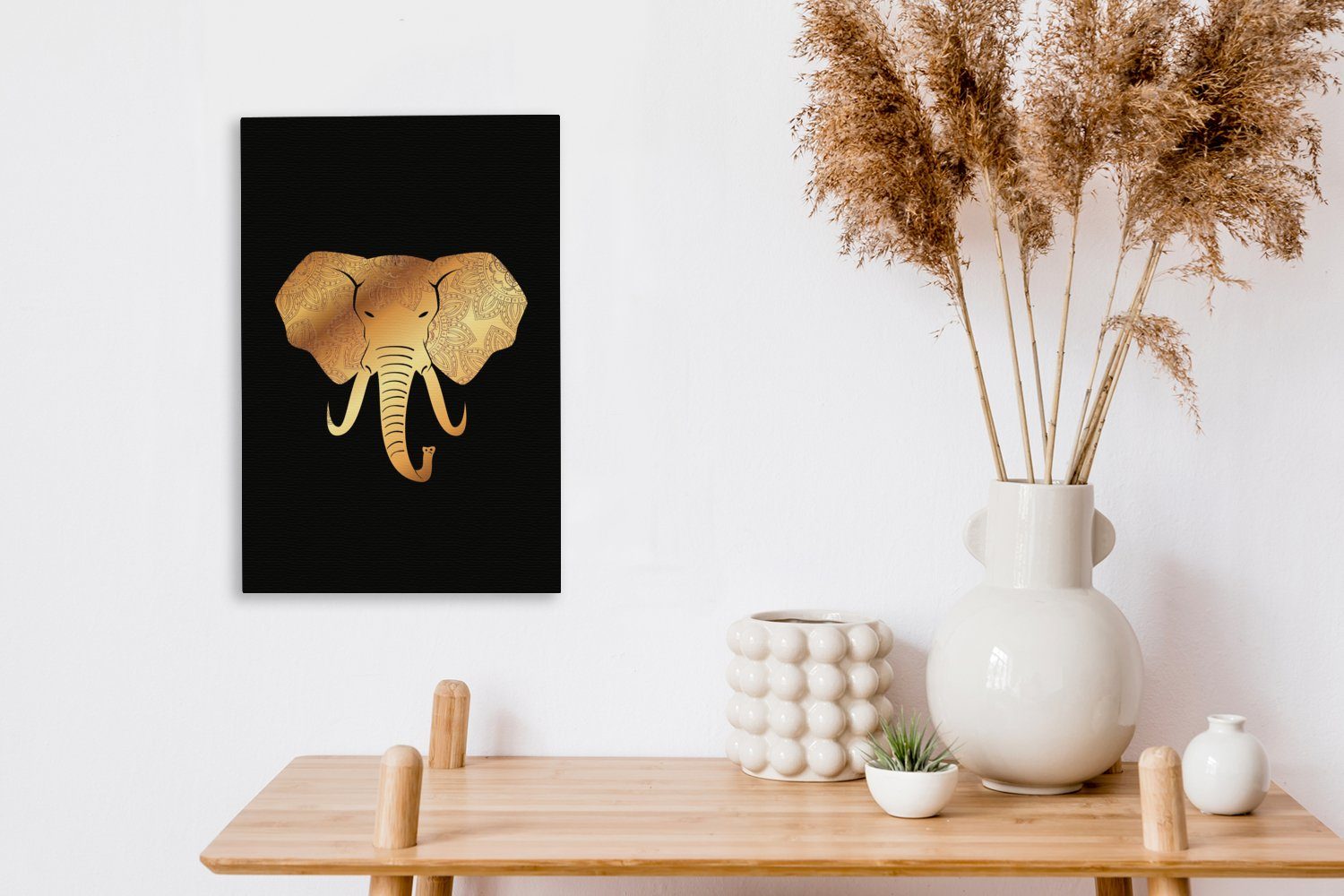 Muster, St), Zackenaufhänger, Leinwandbild OneMillionCanvasses® bespannt Gemälde, cm fertig 20x30 (1 - Gold Elefant Leinwandbild - inkl.