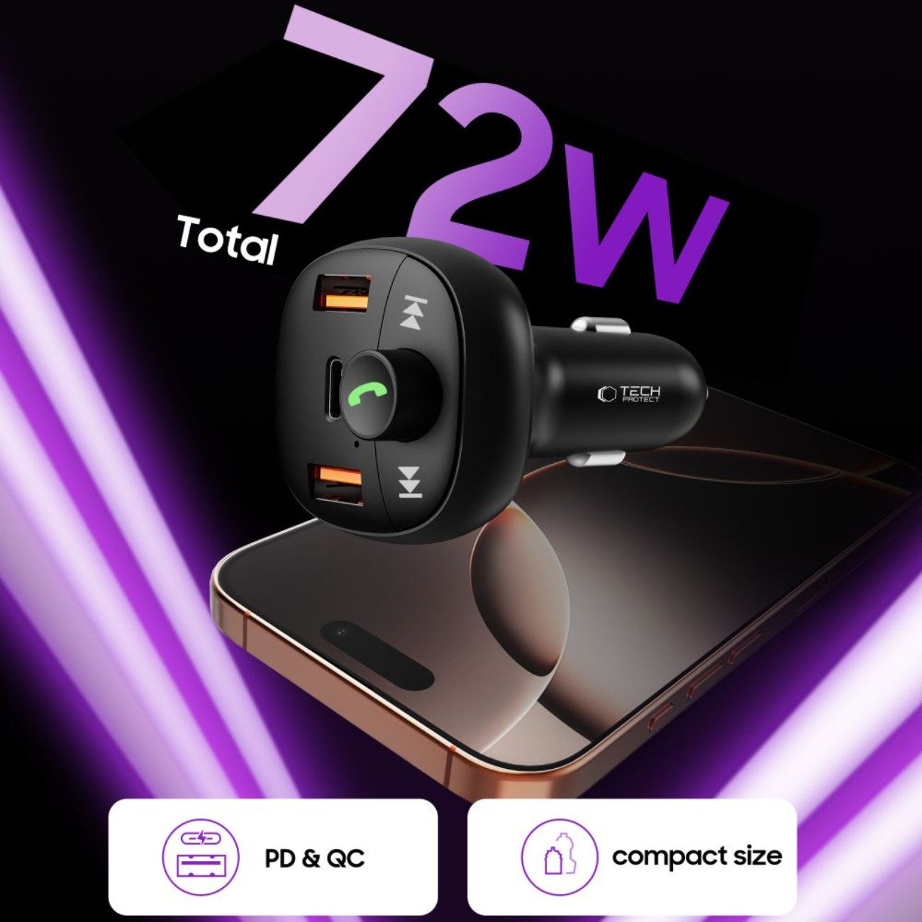 TECH PROTECT CC06 KFZ-Adapter Kfz-Stecker (Zigarettenanzünder) zu USB-A, USB-C, Autoladegerät mit Bluetooth-FM-Sender und 72 W Schnellladen
