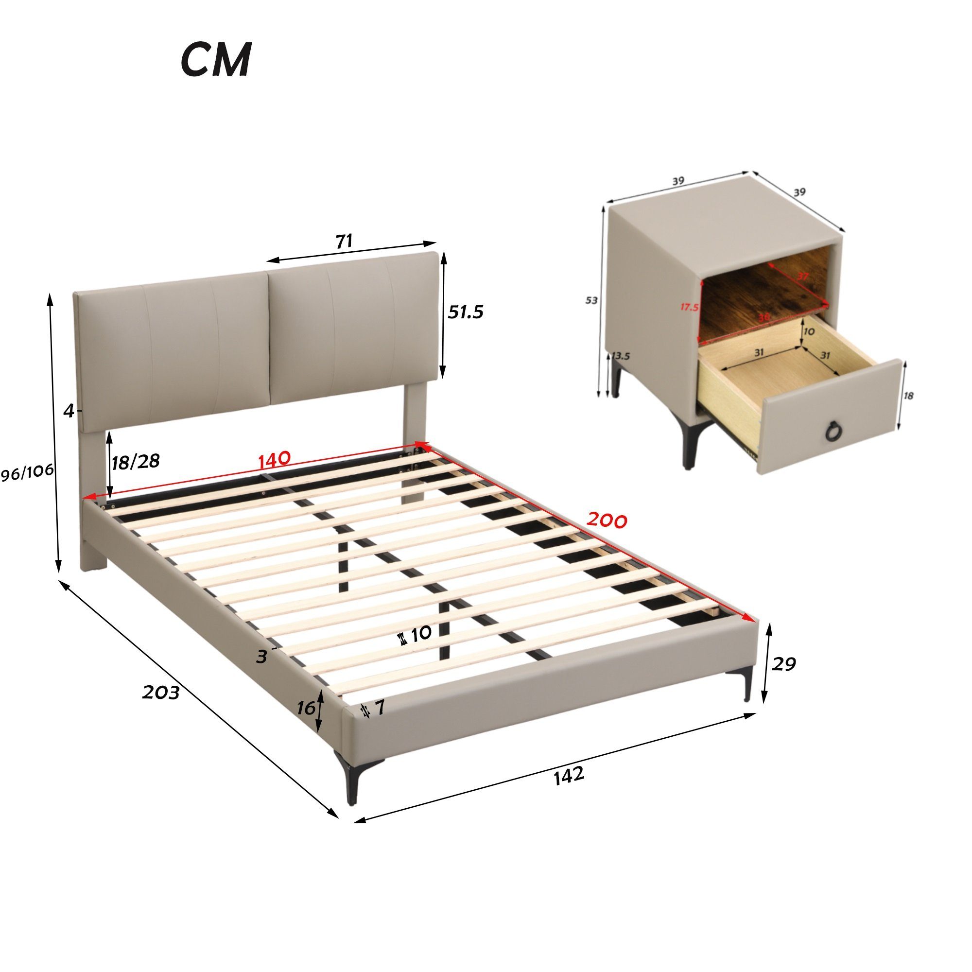 Komplettschlafzimmer, (mit Set, Nachttische) Modernes Design + Polsterbett Doppelbett Schlafzimmer 2x Schublade, Doppelbett Polsterbett, WISHDOR einer Bett,