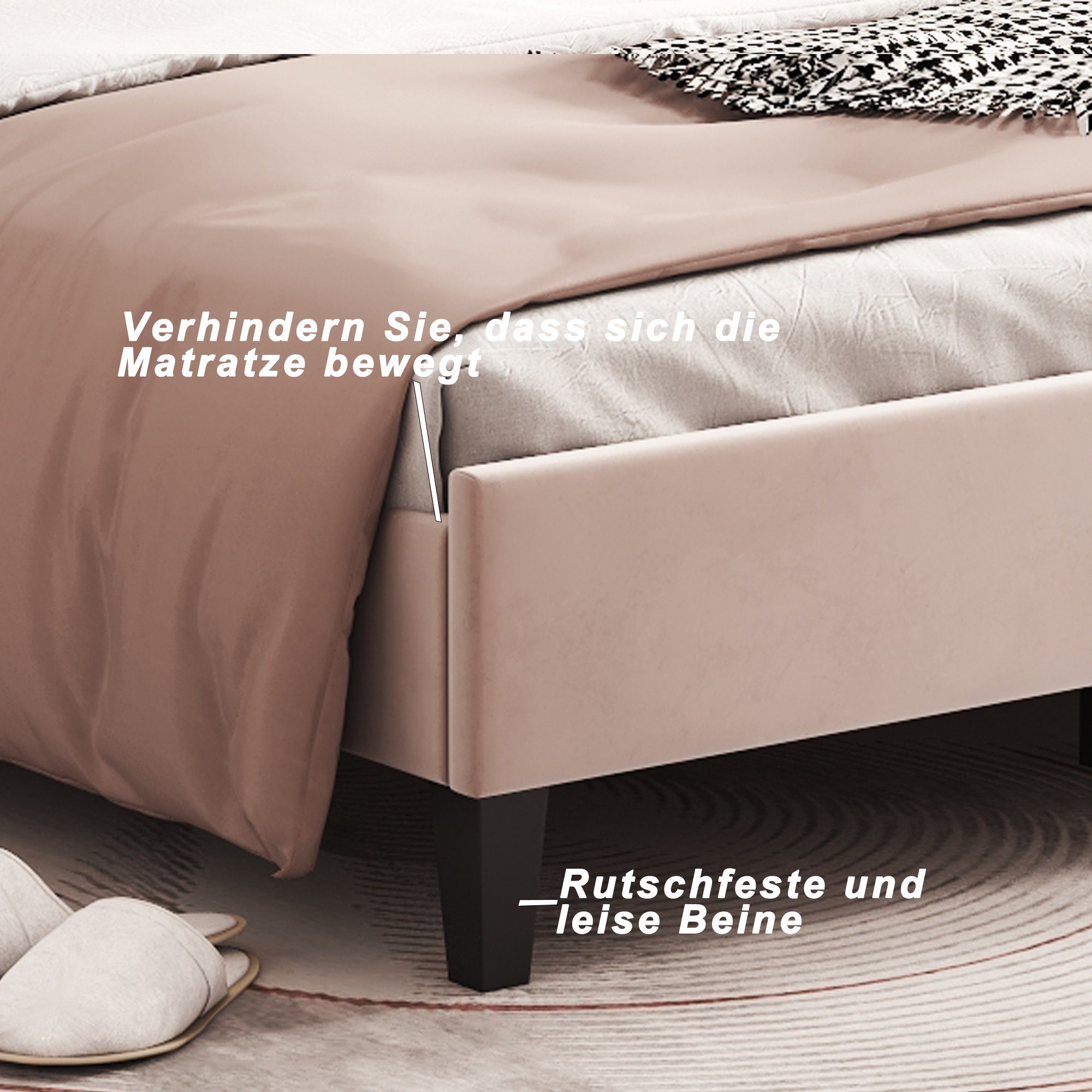 Polsterbett Kopfteil Doppelbett mit Matratze 140 200 x blumenförmigem Bett OKWISH beige Lattenrost), Gästebett, cm (Samtstoff, und Ohne
