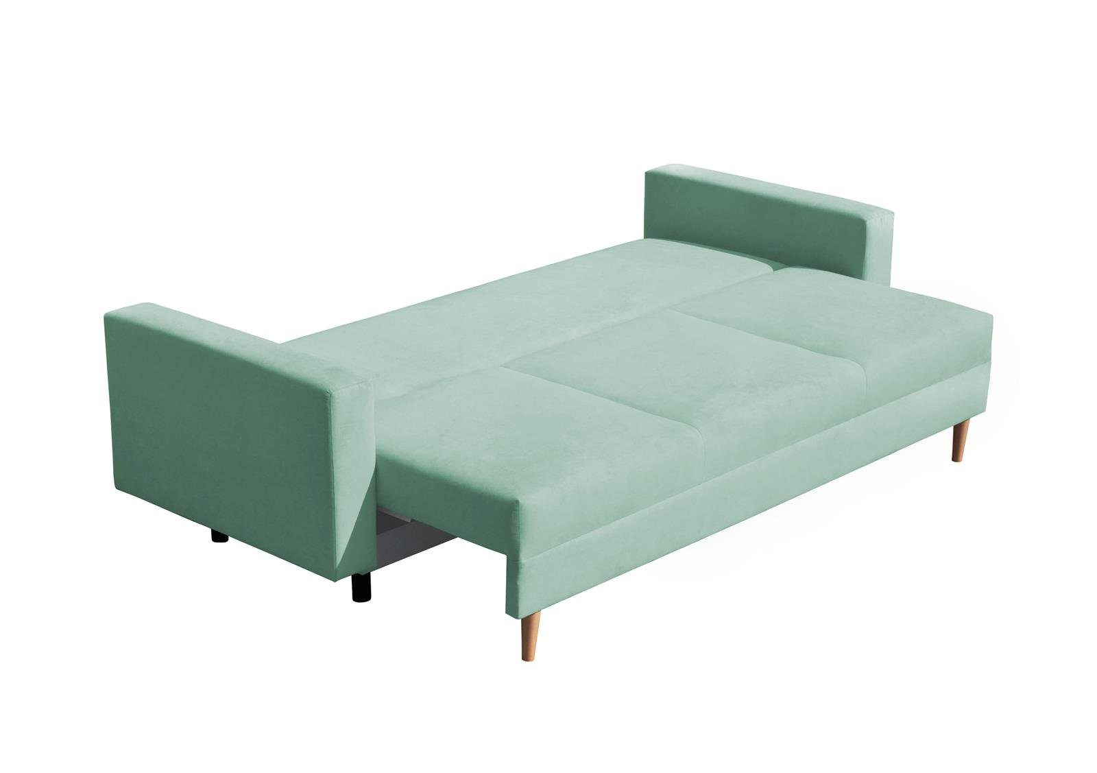 Beautysofa 3-Sitzer MILAN, skandinavisches Design, (trinity 3-Sitzer 21) Bettkasten, Wellenunterfederung, Sofa Relaxfunktion Mint mit Holzbeine