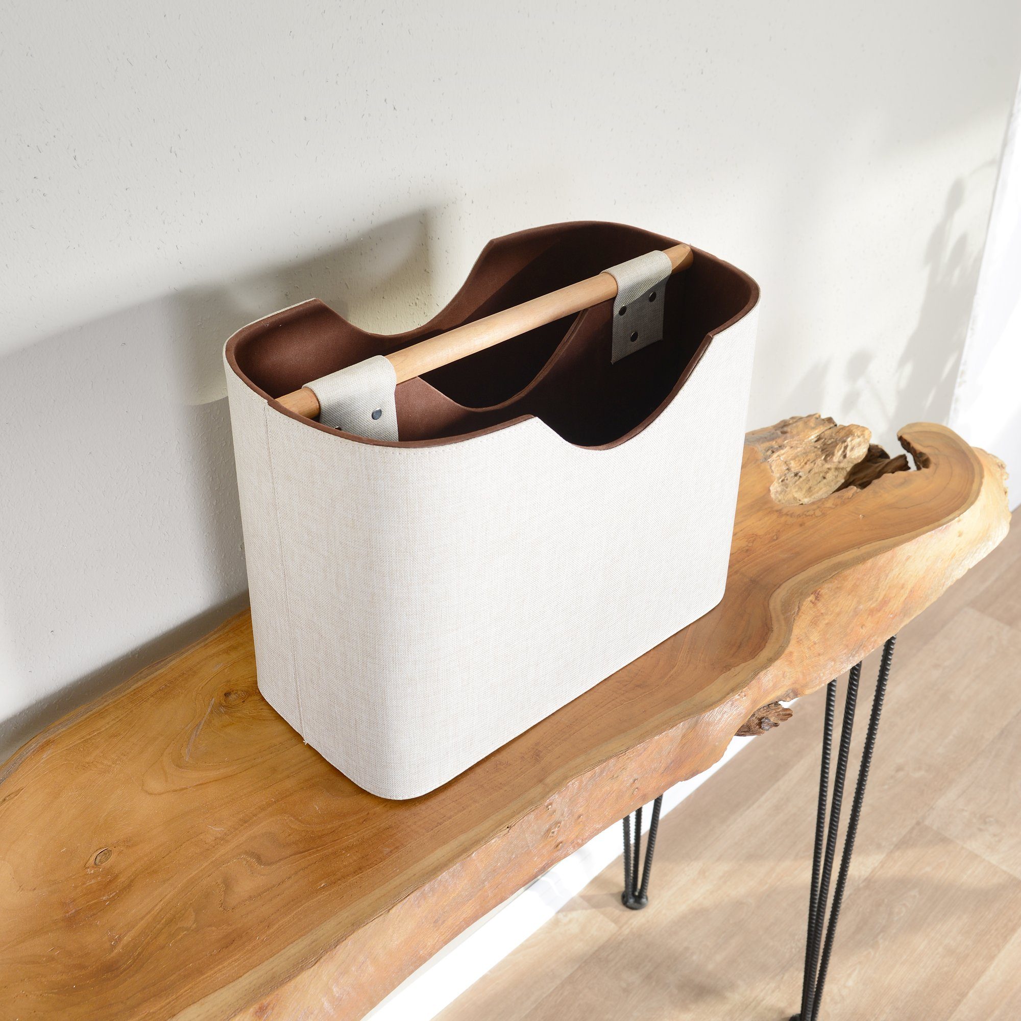 wohnfreuden Aufbewahrungsbox Zeitungsständer aus Stoff und Teakholz 40 cm beige – Bild 3 von 5
