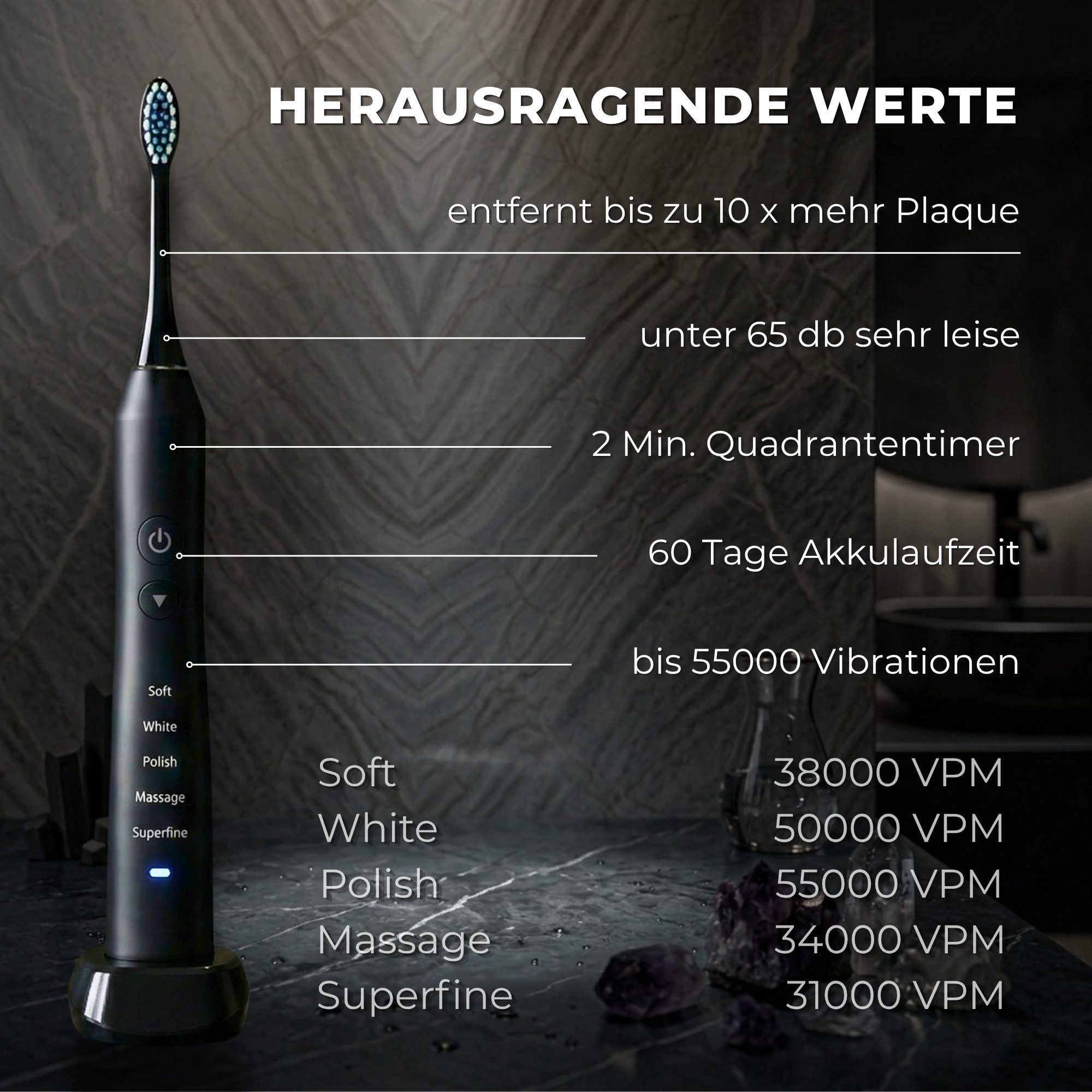 Tristan Auron Elektrische Zahnbürste Elektrische Zahnbürste Doppelpack + UV Reiseetui - 60 Tage Akku IPX7, Aufsteckbürsten: 4 St. – Bild 3 von 5
