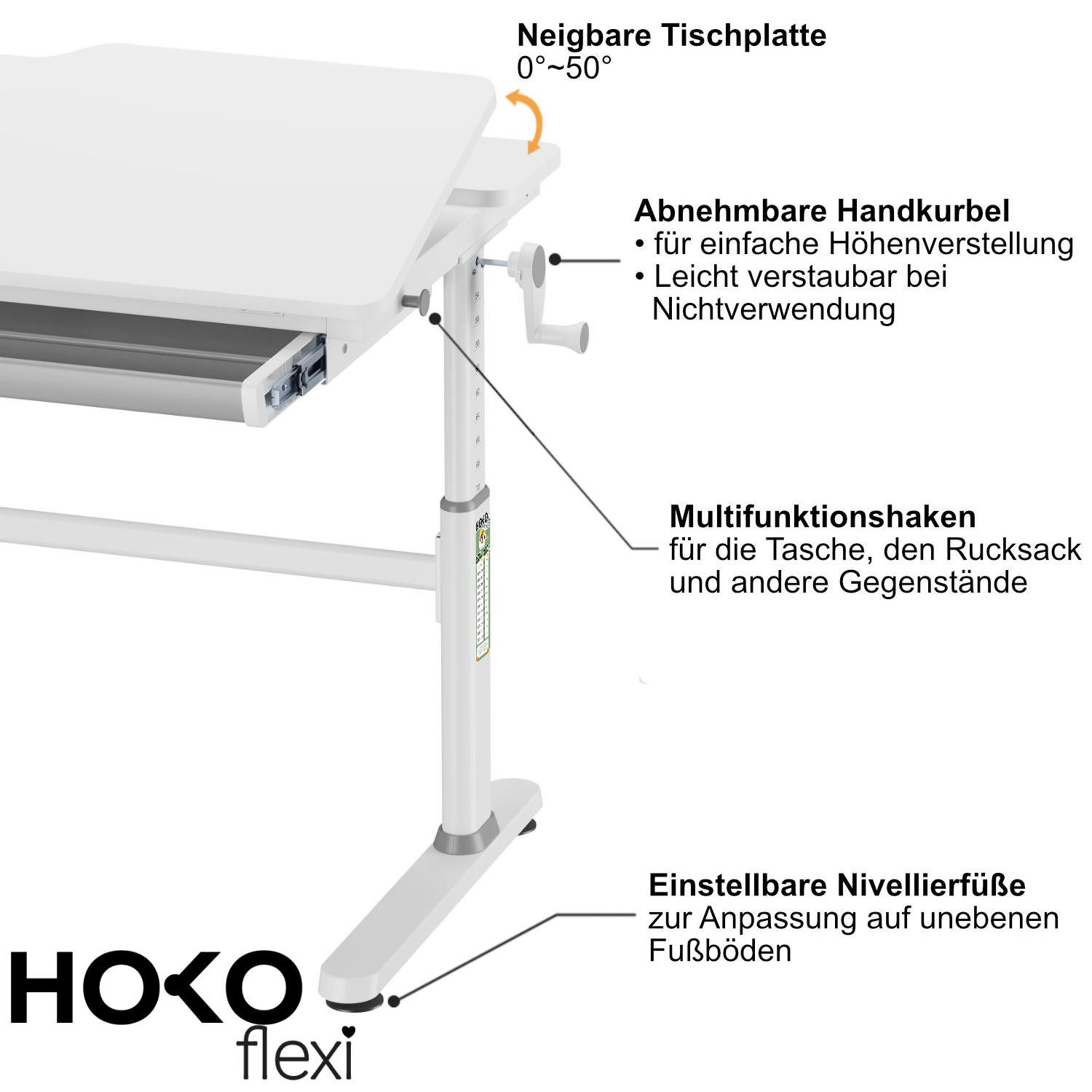 HOKO Kinderschreibtisch höhenverstellbar für Kinder ab 6 Jahren (Tisch-Stuhl-Set, mit Kinderstuhl, 100x40 cm neigbarer Tischplatte und Schublade), 100x60 cm Schreibtisch, für Schüler ab 125 cm, Weiß/Grün, JANA & LEVI