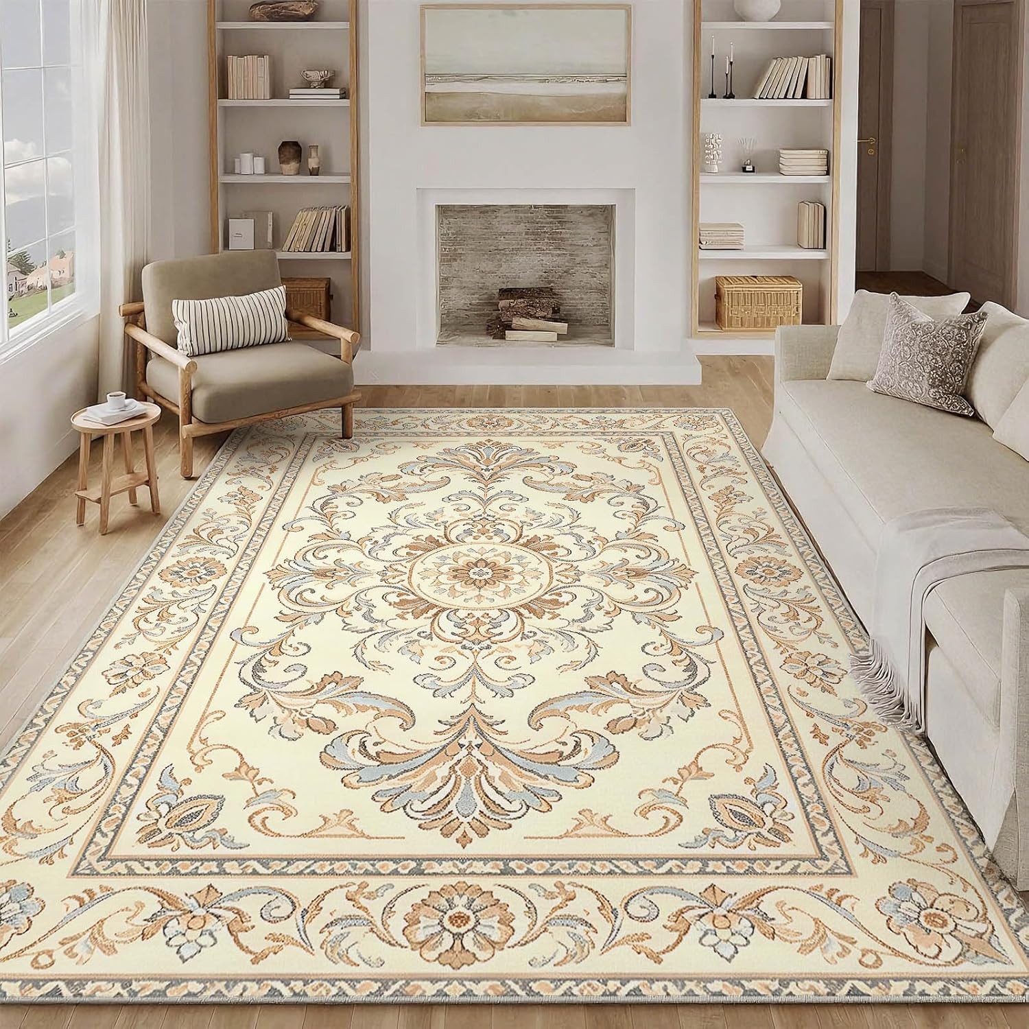 Jumpeak Teppich Klassischer Ornament Teppich Oriental Barock Muster Creme Beig, Rechteckig, Höhe: 5 mm, Kunstkaschmir, pflegeleicht, kurze Fasern, angenehm zu tragen