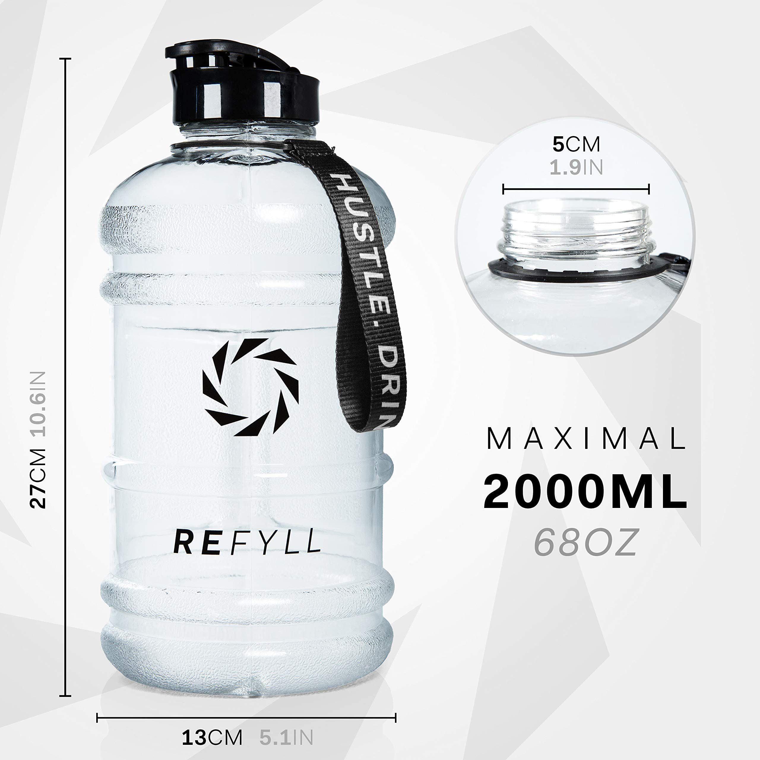 REFYLL Trinkflasche Trinkflasche 100% 2200ml I Gym 2 Crystal für Water Wasserflasche Liter 2L Leichte I auslaufsicher, Clear Sport Jug Wasserflasche "Beast"