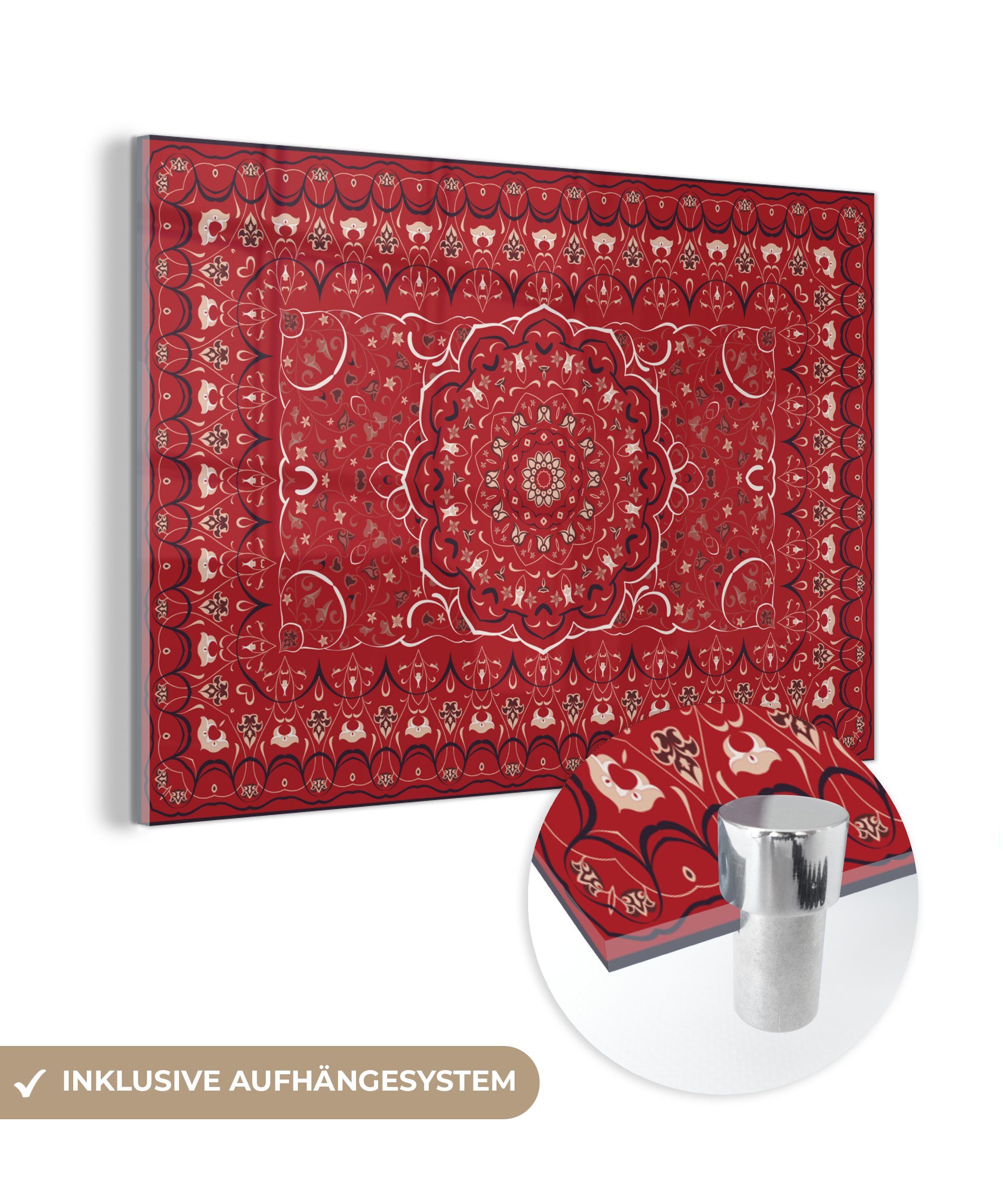 MuchoWow Acrylglasbild Persische Teppiche - Teppiche - Mandala - Rot, (1 St), Acrylglasbilder Wohnzimmer & Schlafzimmer | Bilder