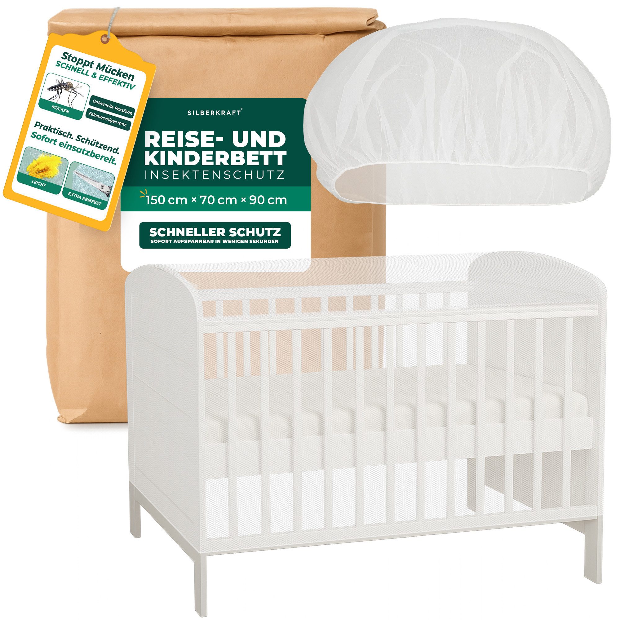 Silberkraft Betthimmel Insektenschutz für Reise- und Kinderbett, Mückennetz 150×70×90 cm (Kompakt & leicht, ideal für unterwegs, 1-tlg., Luftdurchlässiges Netzmaterial, feinmaschig & weich), Für Babyreisebett & Beistellbett, Inkl. Transportbeutel