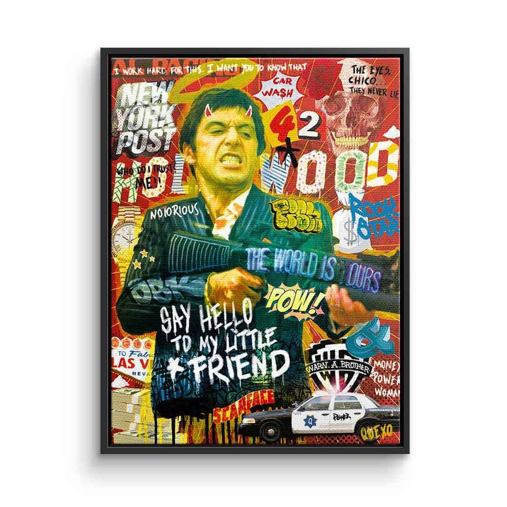 DOTCOMCANVAS® Leinwandbild, Leinwandbild Scarface Say Art Pop silberner Montana Pacino Rahmen Tony Al collage hello