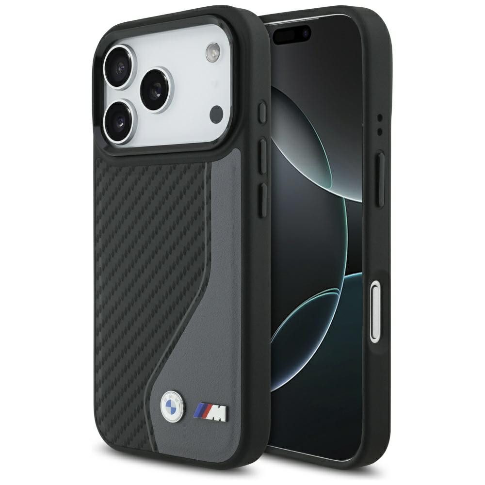 BMW Handyhülle Schutzhülle Rückschale Magnethülle 6,3 Zoll, MagSafe, Carbon-Optik, metallisches BMW Logo