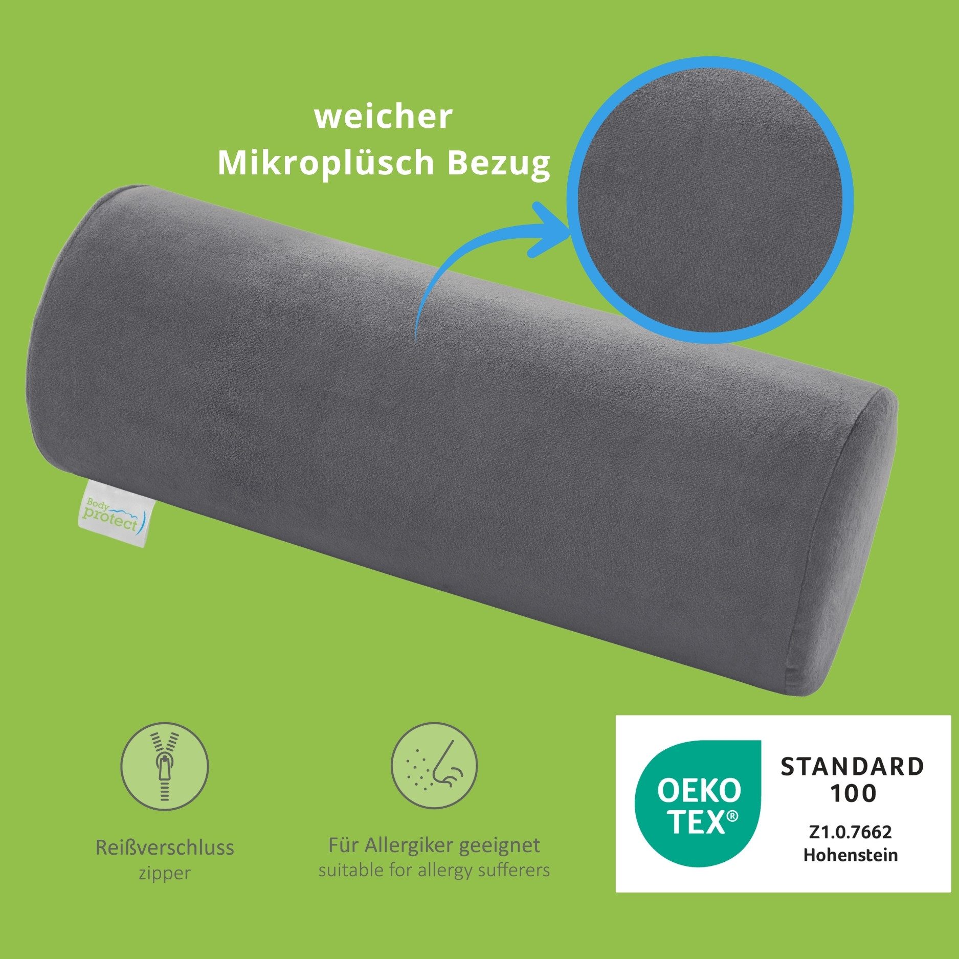 Bodyprotect Nackenrolle mit weichem Mikroplüsch Bezug, orthopädisches Nackenkissen, Lagerungsrolle, Knierolle, Memory Foam