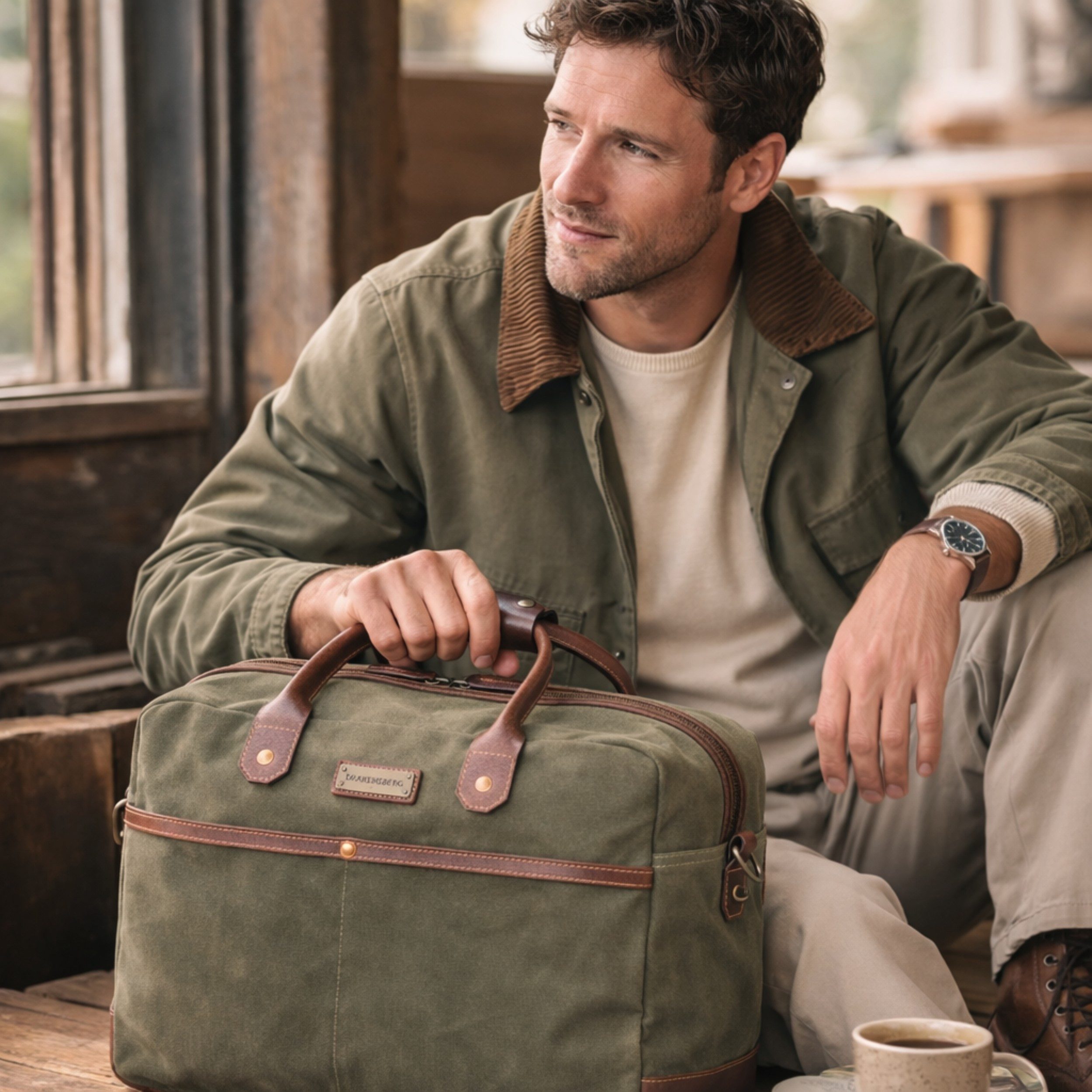DRAKENSBERG Reisetasche 48h Reisetasche »Mason« Wald-Grün, große Aktentasche für Geschäftsreisen aus gewachstem Canvas und Leder