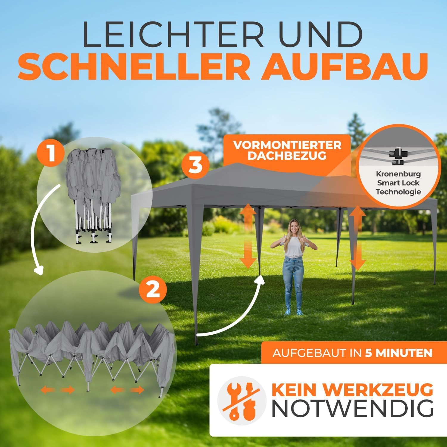 Kronenburg Partyzelt 3x6m wasserdicht - Gartenpavillon, Faltpavillon stabil, UV-Schutz 50+ – Bild 4 von 5