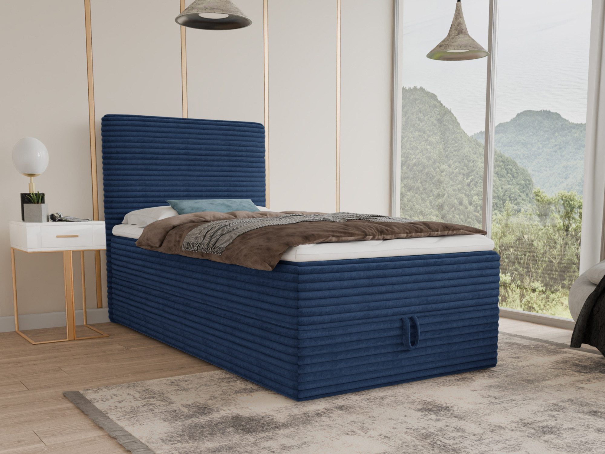 Sofnet Boxbett Mollo Mini (großer Bettkasten, Bonell-Matratze und Topper), Einzelbett, Polsterbett mit Kopfteil, Boxspringbett, Cordstoff